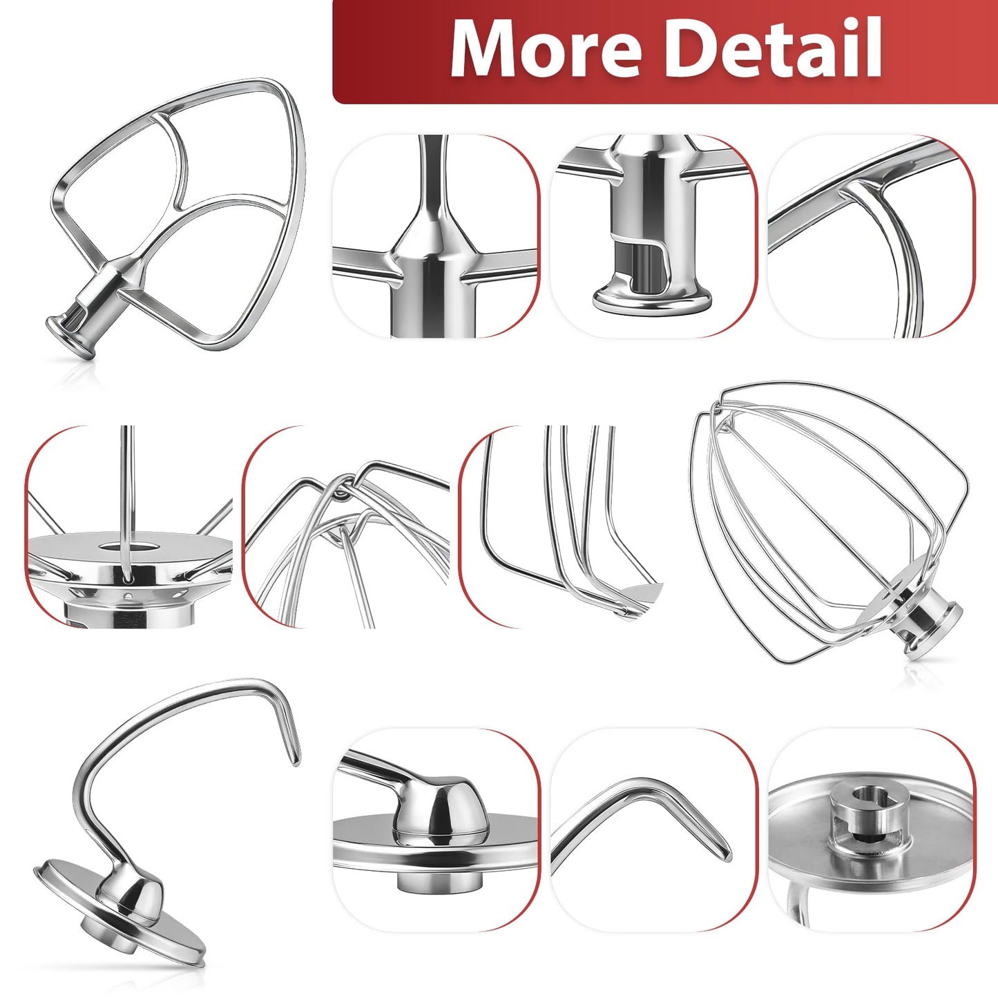 KITOART 3-Piece Kit Mixer Attachments for KitchenAid 4.5-5QT Tilt-Head Stand Mixer - K45WW & K45DH & K45B Replacement, All Stainless Steel, Dishwasher Safe