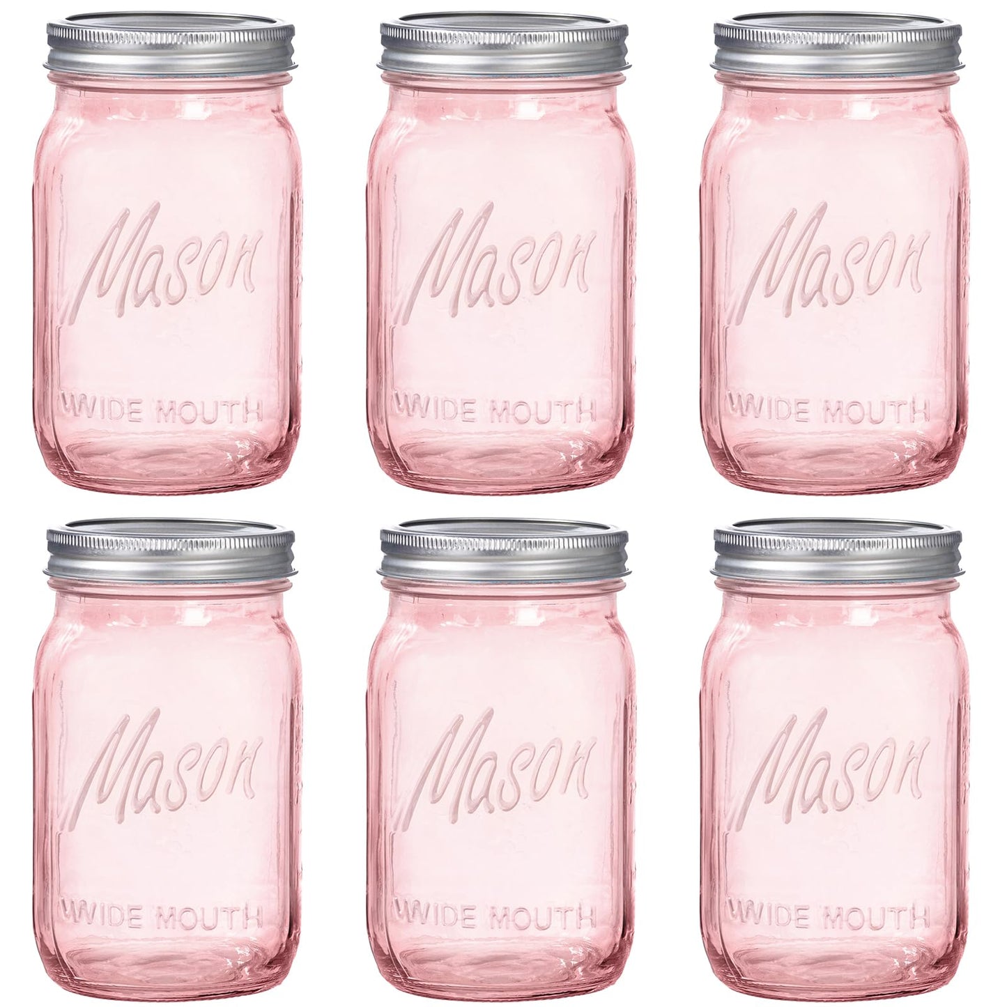 WELLIFE Pink Mason Jars 32 oz,6 Pack Wide Mouth Mason Jars for Safe Storage,Fermenting,Pickling,DIY,Crafts Decoration