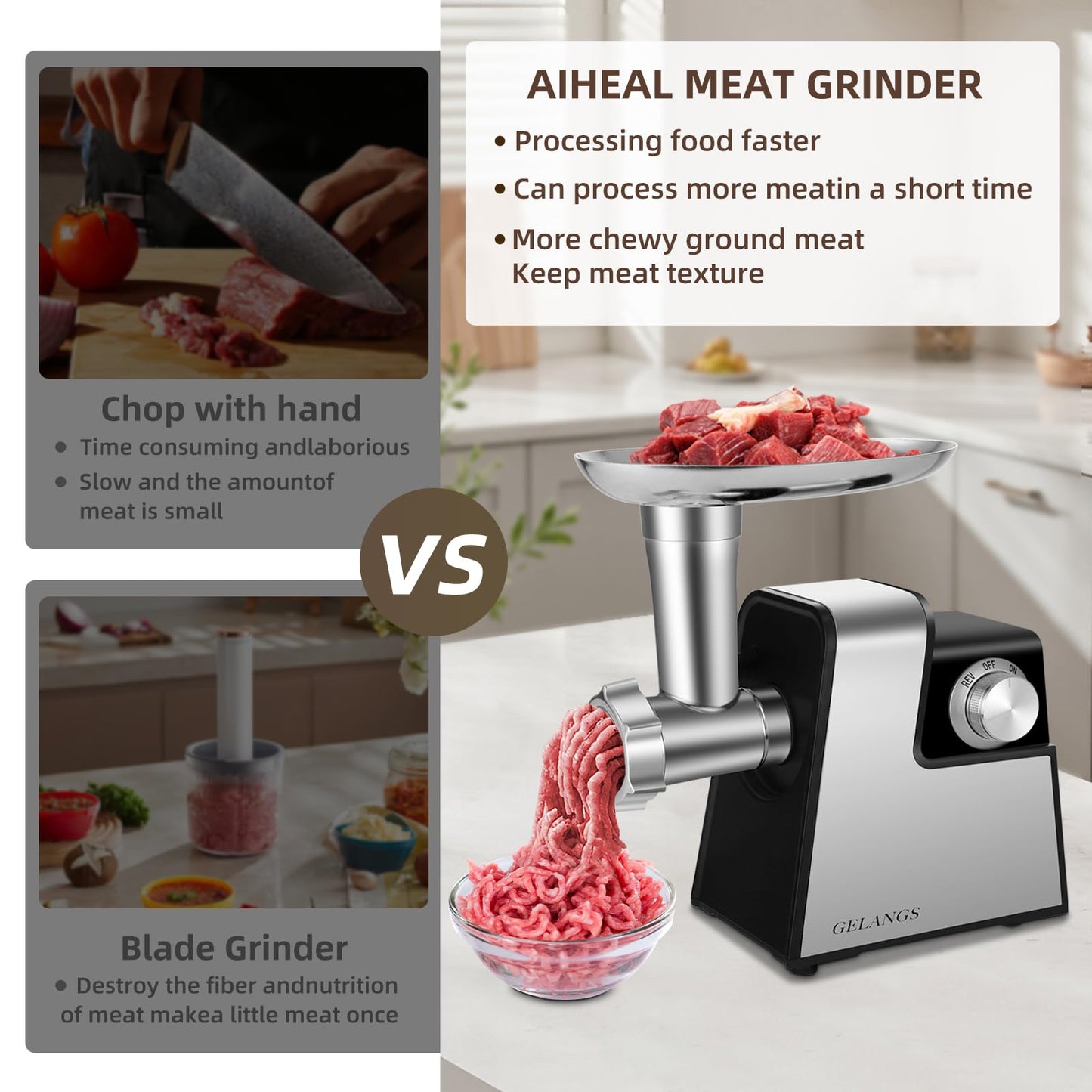 GELANGS Electric Meat Grinder, 350W （MAX2800W）Heavy Duty Stainless Steel Food Grinder with Sausage Stuffer Tubes & Kubbe Kit, 3 Grinding Plates for Home Kitchen Use