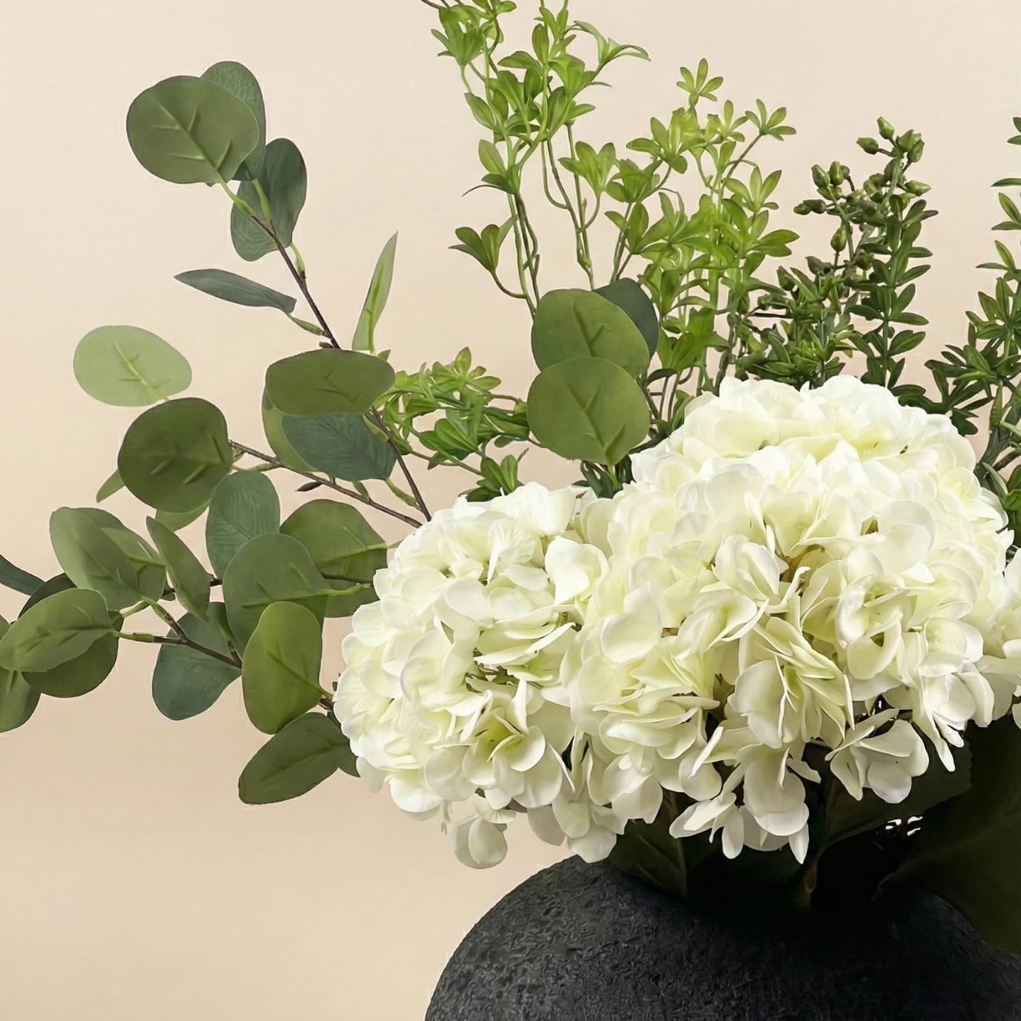 Faux Arrangement - Eucalyptus & White Hydrangea Flowers, Large Artificial Floral Greenery Centerpieces for Tables, Modern Farmhouse Decor for Dining Room, Kitchen & Coffee Table, 30 inches Tall