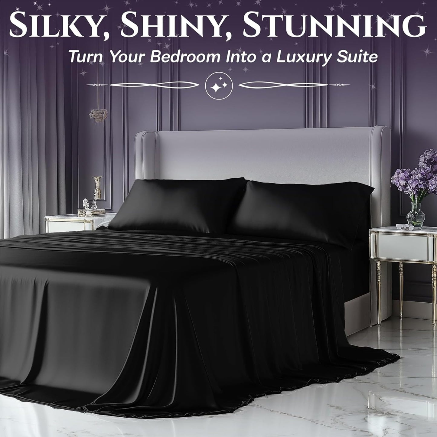 SLEEP SANCTUARY Satin Sheets Queen Size – 4 Piece Luxury Silky Bed Set, Softer Than Silk, 15" Deep Pocket, Cooling & Wrinkle-Free, Moisture-Wicking & Breathable for Hair & Skin (Black)