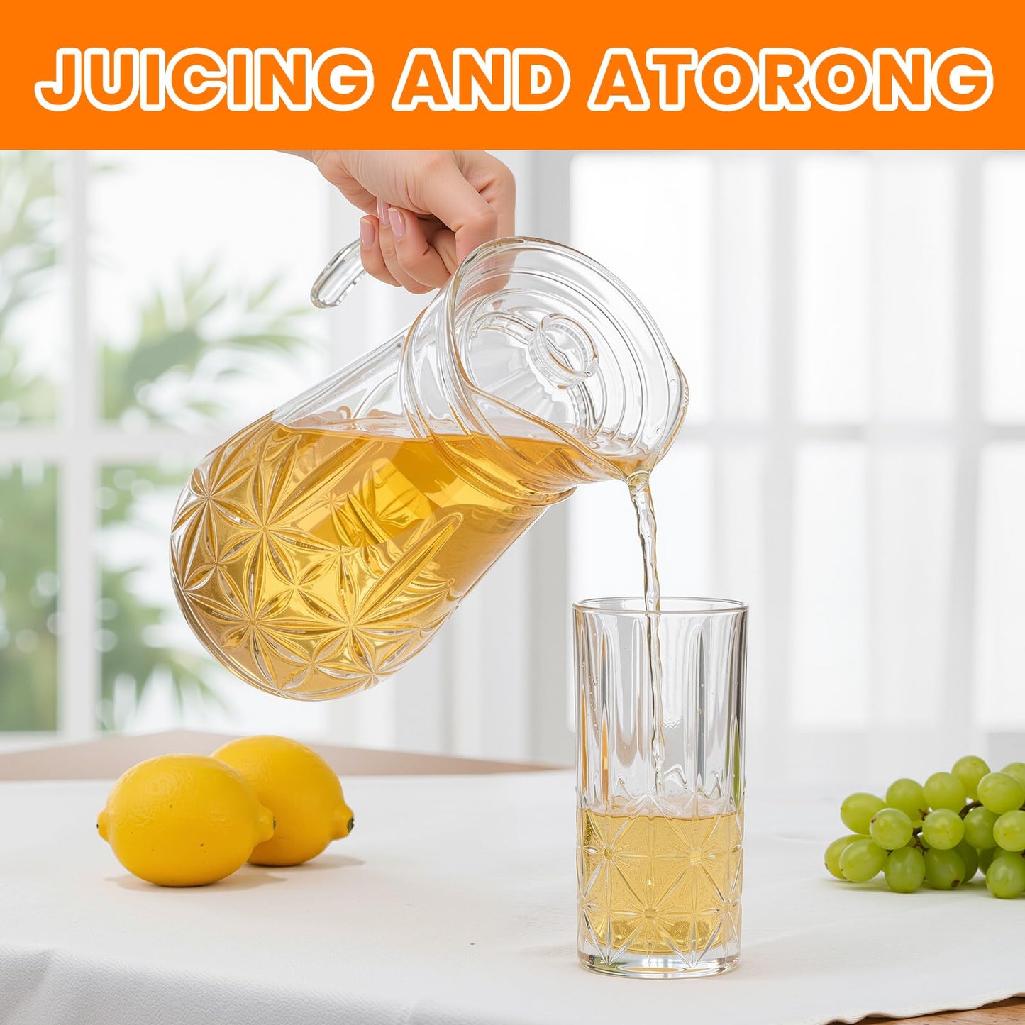 LemonRoad 7 Pcs Glasses Pitcher Drinkware Set 54oz Pitcher Carafe and 6 Tall Drinking Beverage Set, Jug with Lid and Spout for Juice, Iced Tea or Water(Crystle Style)