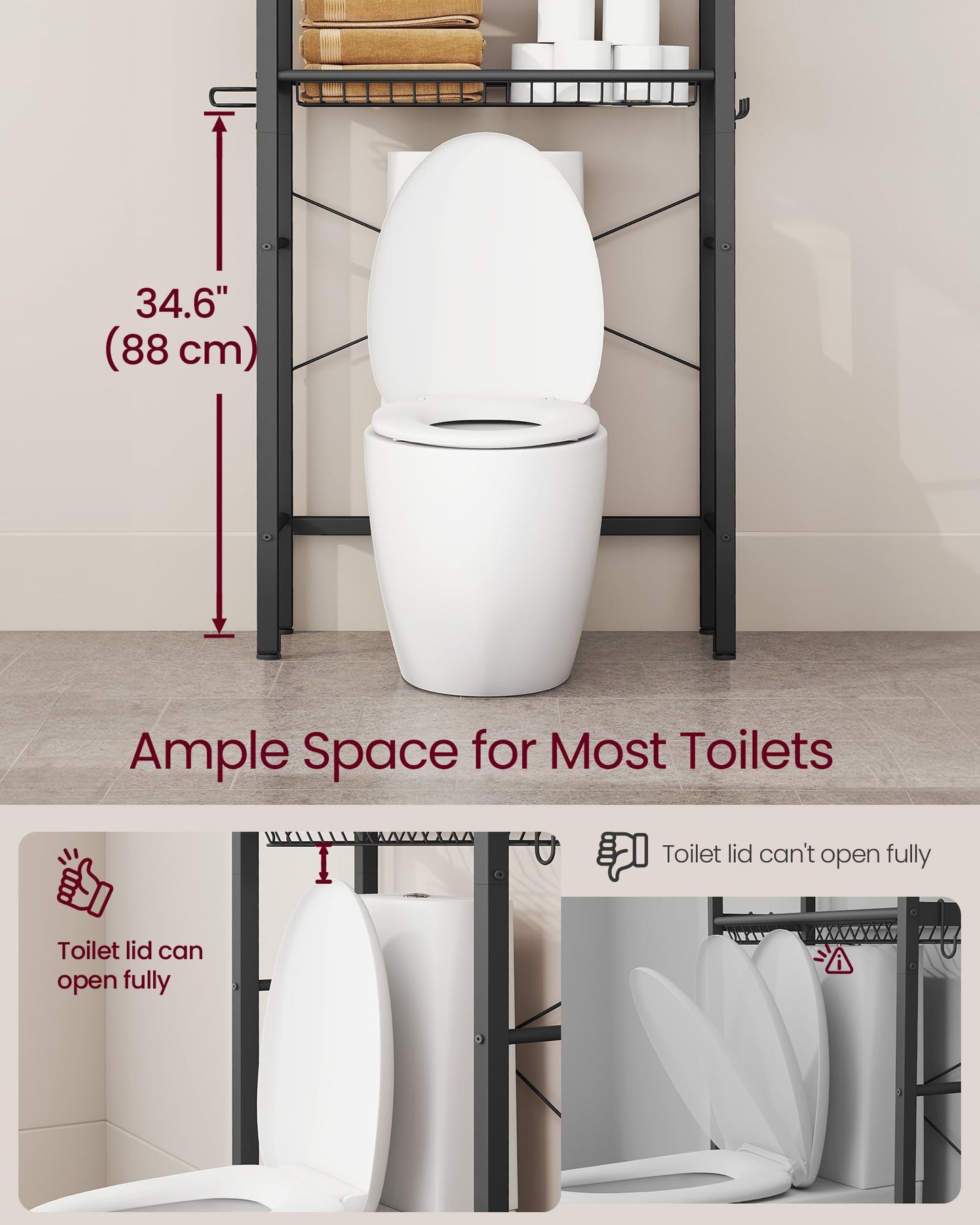 VASAGLE BARNET Collection - Over the Toilet Storage, Over Toilet Bathroom Organizer with Adjustable Shelves and Basket, 3 Hooks, Space Saving, 9.4 x 23.6 x 68.1 Inches, Rustic Brown UBTS114KD01S