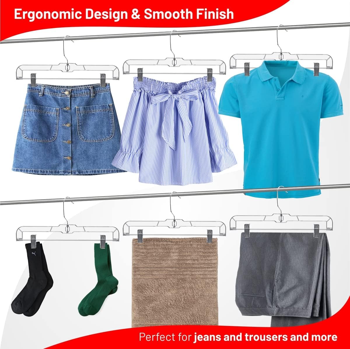 DEILSY™ Pants Hangers with Clips 12 Pack – 14 Inch Clear Plastic Skirt Hangers, 360° Swivel Hook, Clip Hangers for Pants, Skirts, Jeans, Shorts & Trousers – Space Saving, Non-Slip