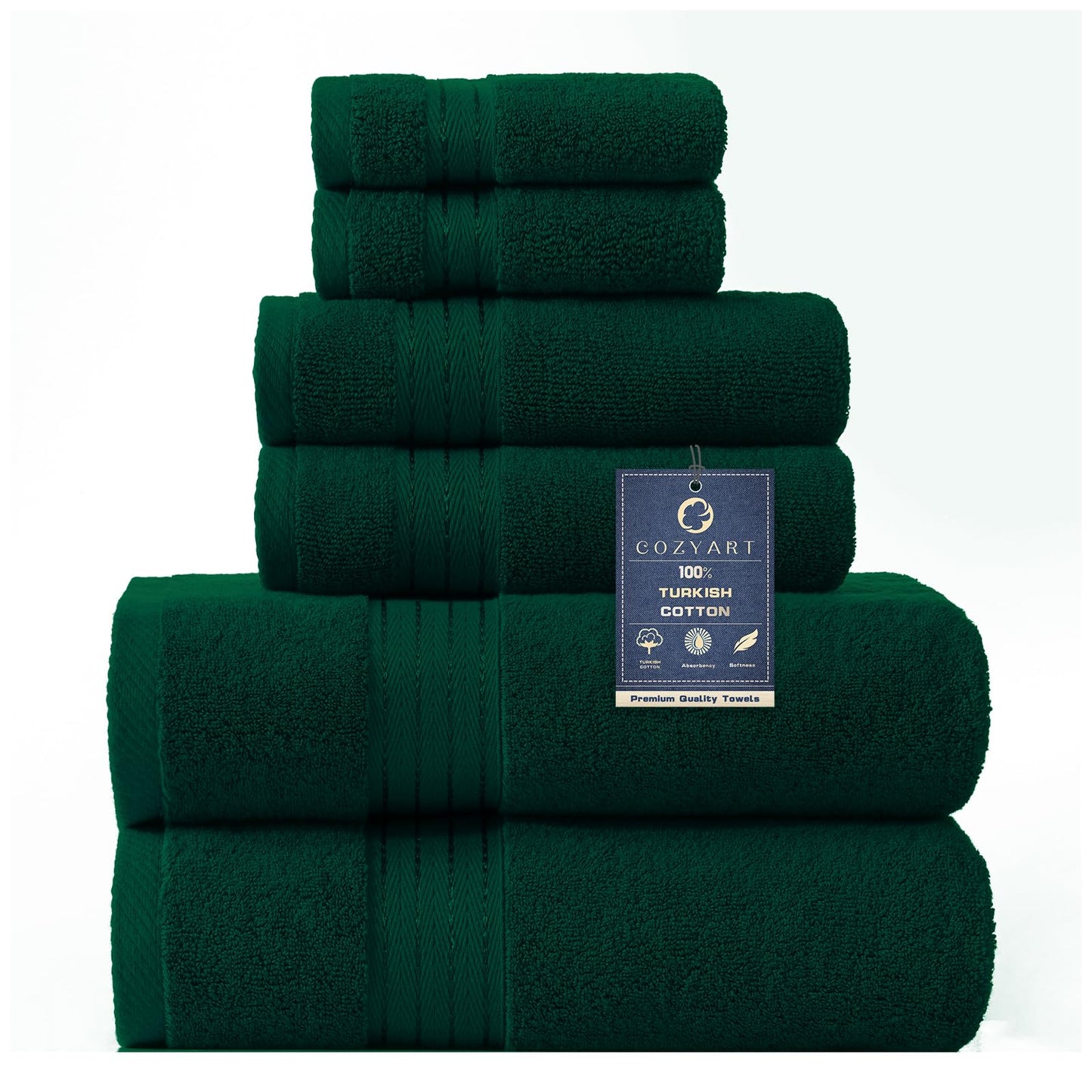 COZYART Dark Green Bath Towel Set 6Pcs, Turkish Cotton Hotel Soft Absorbent Thick Bathroom Towel Sets of 6 with 2 Large Bath Towels, 2 Hand Towels, 2 Washclothes, 650 GSM