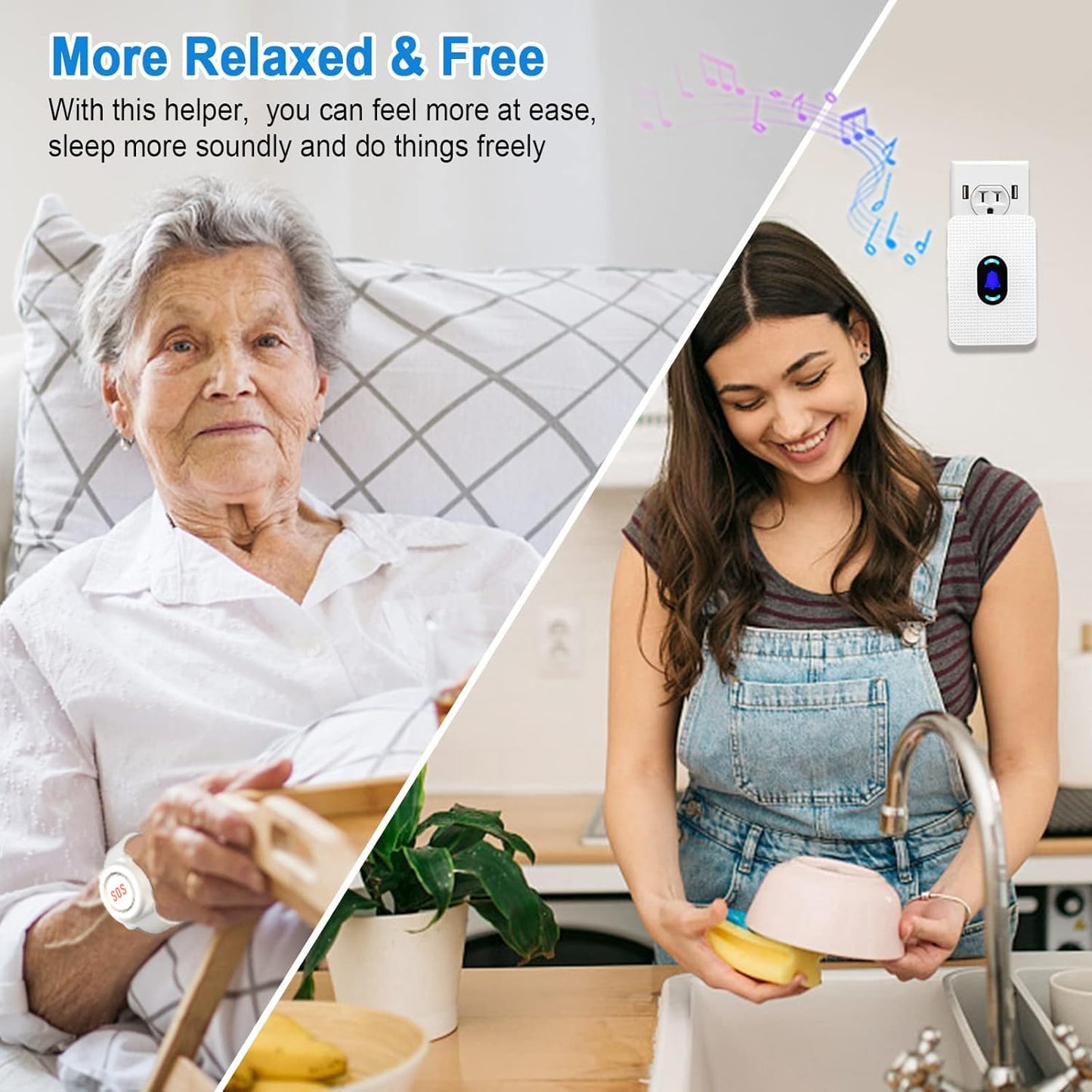 Daytech Wireless Wrist Pager Caregiver Call Button in Home System Watch Alarm Nurse Personal Help Alert for Patients Elderly 1 Watch Call Button 2 plugin Receiver