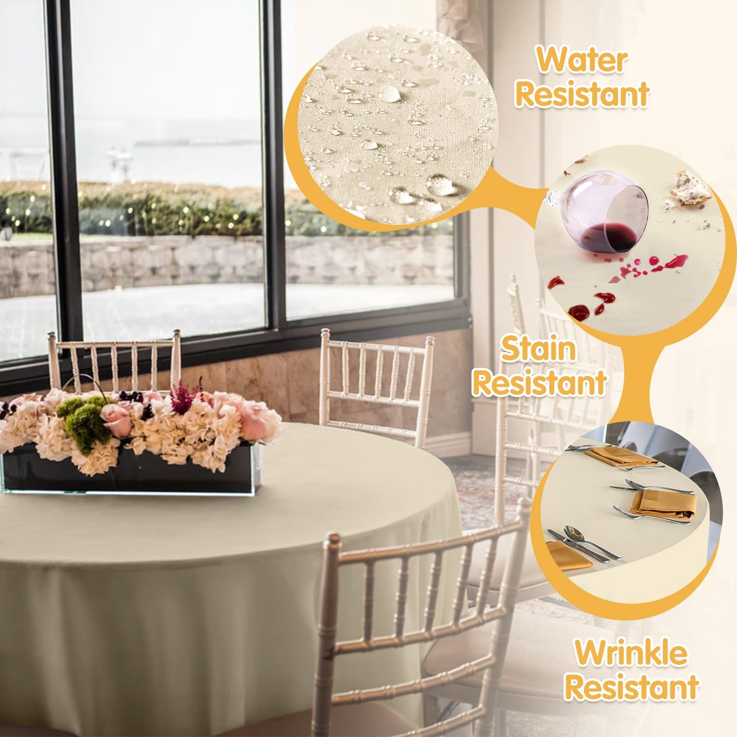 BRILLMAX 4 Pack Beige Round Tablecloths 120 Inch for 60” Tables - 150 GSM Polyester Fabric, Floor Length Drop, Water, Stain & Wrinkle Resistant Cloth Cover for Wedding Reception Banquet Dining