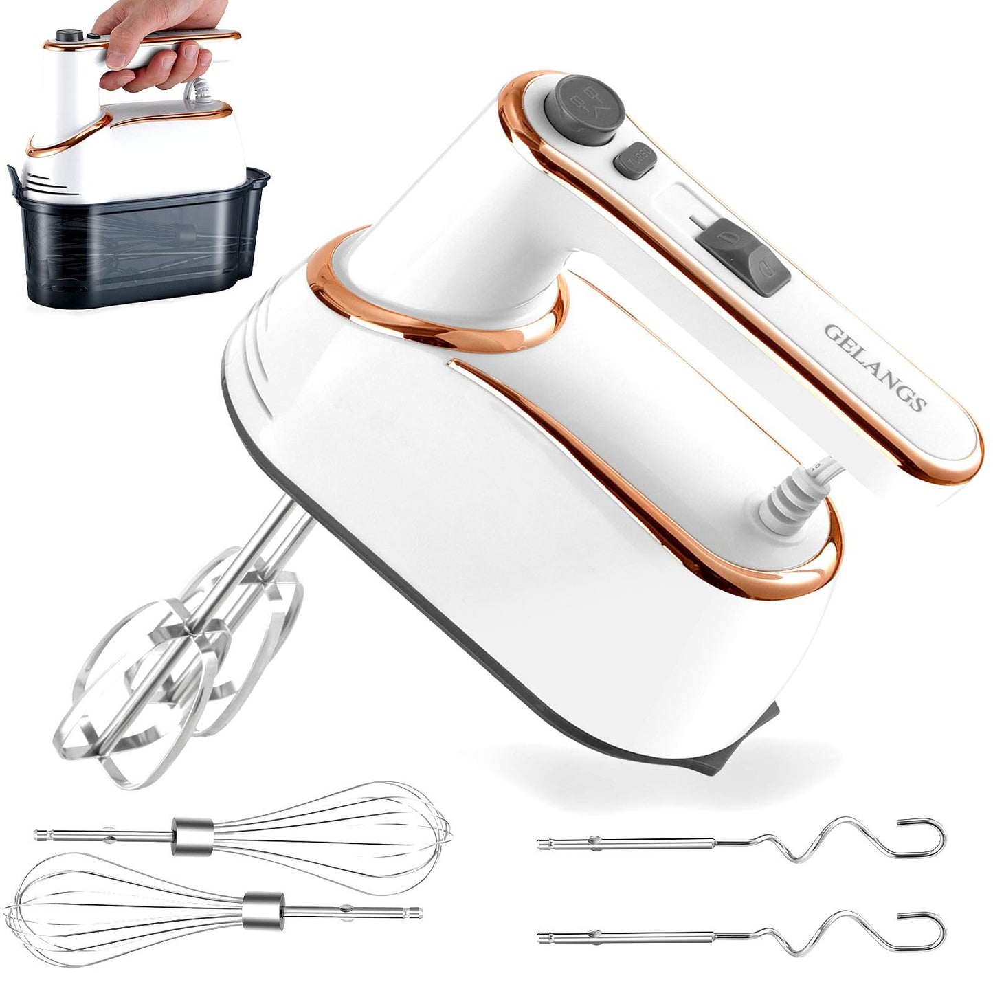 GELANGS Hand Mixer, 5-Speed Electric with Turbo Boost, White, Copper Motor, 400W, Dishwasher-Safe Attachments for Baking, Whipping, Dough