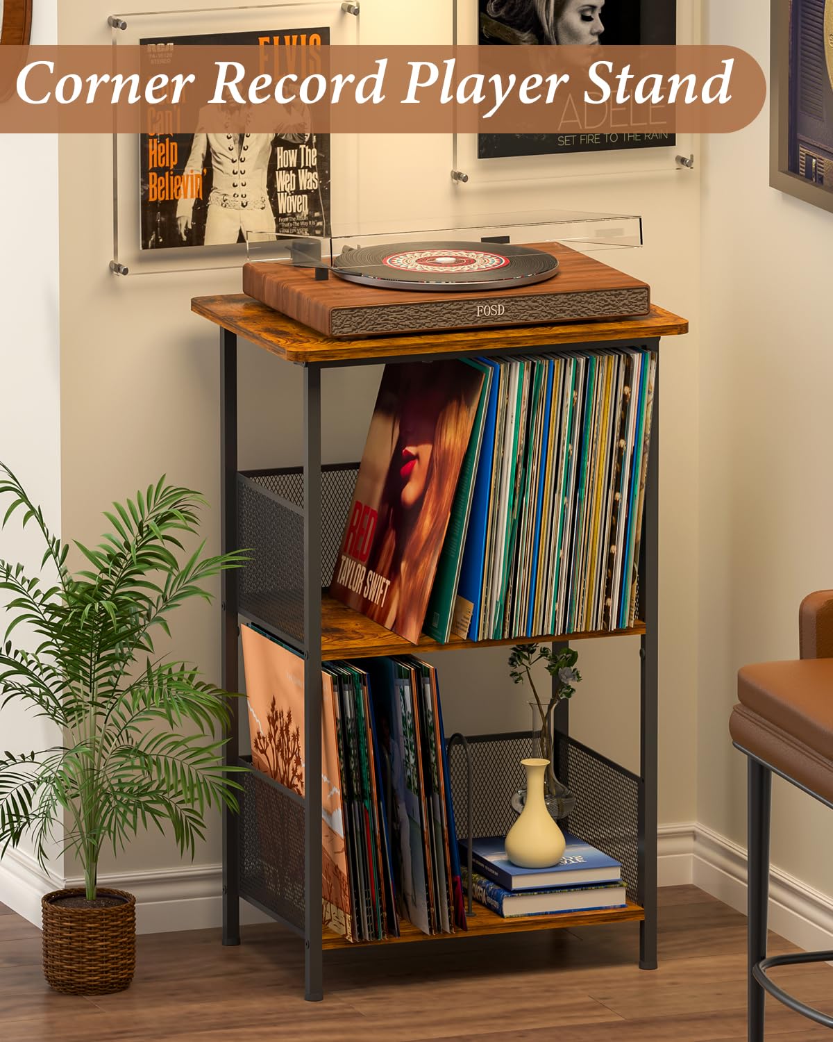 Honkazita Record Player Stand 3-Tier, Vinyl Record Storage up to 200 Albums, Record Player Table with Smooth Wood Top, Fits Most Phonographs, Turntable Stand & Bedside Nightstand, Space-Saving
