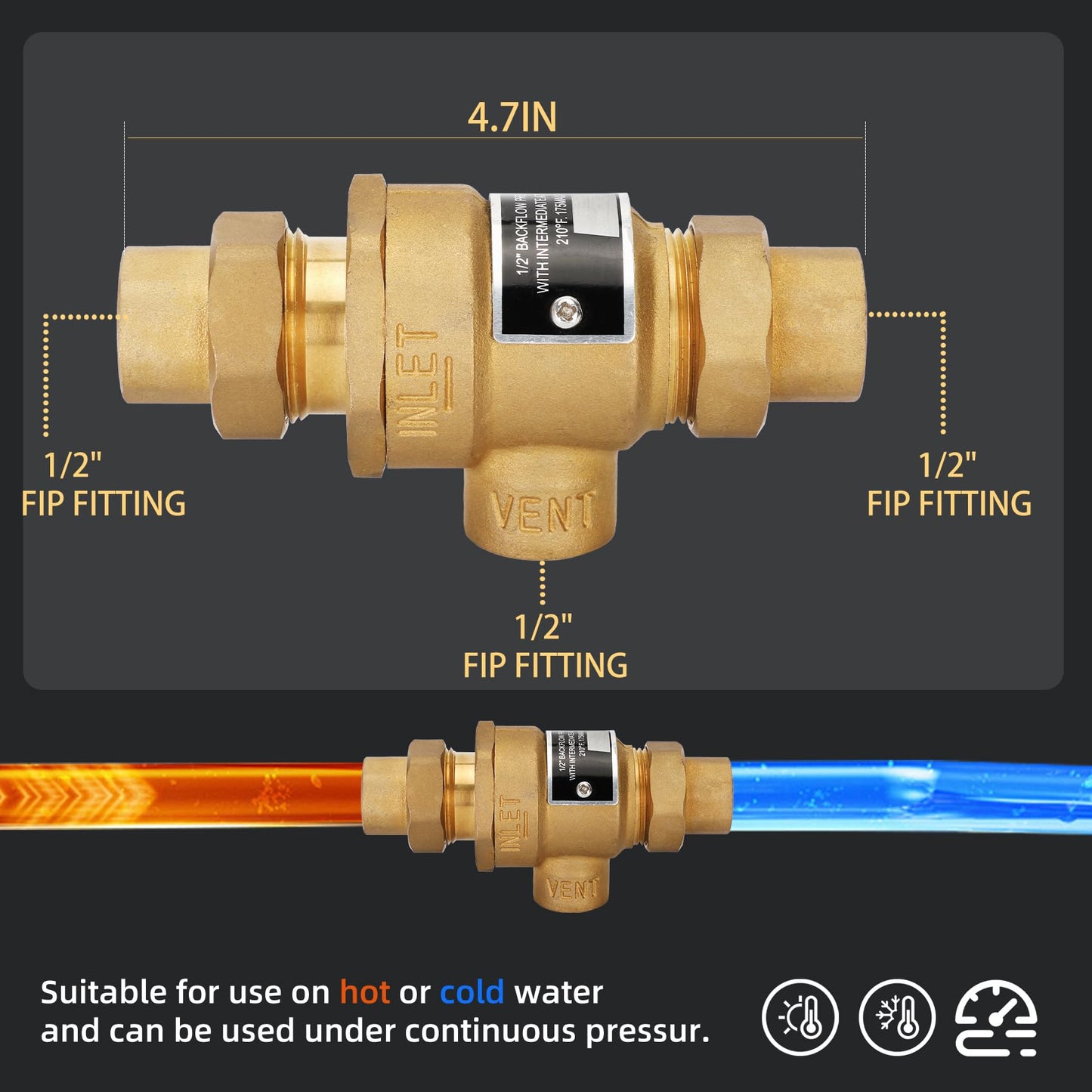 1/2" 9D-M3 Backflow Preventer Brass Dual Check Valve with Intermediate Atmospheric Vent,1/2 Inch,Female Union Inlet and Outlet,190T012,Replacement for Watts