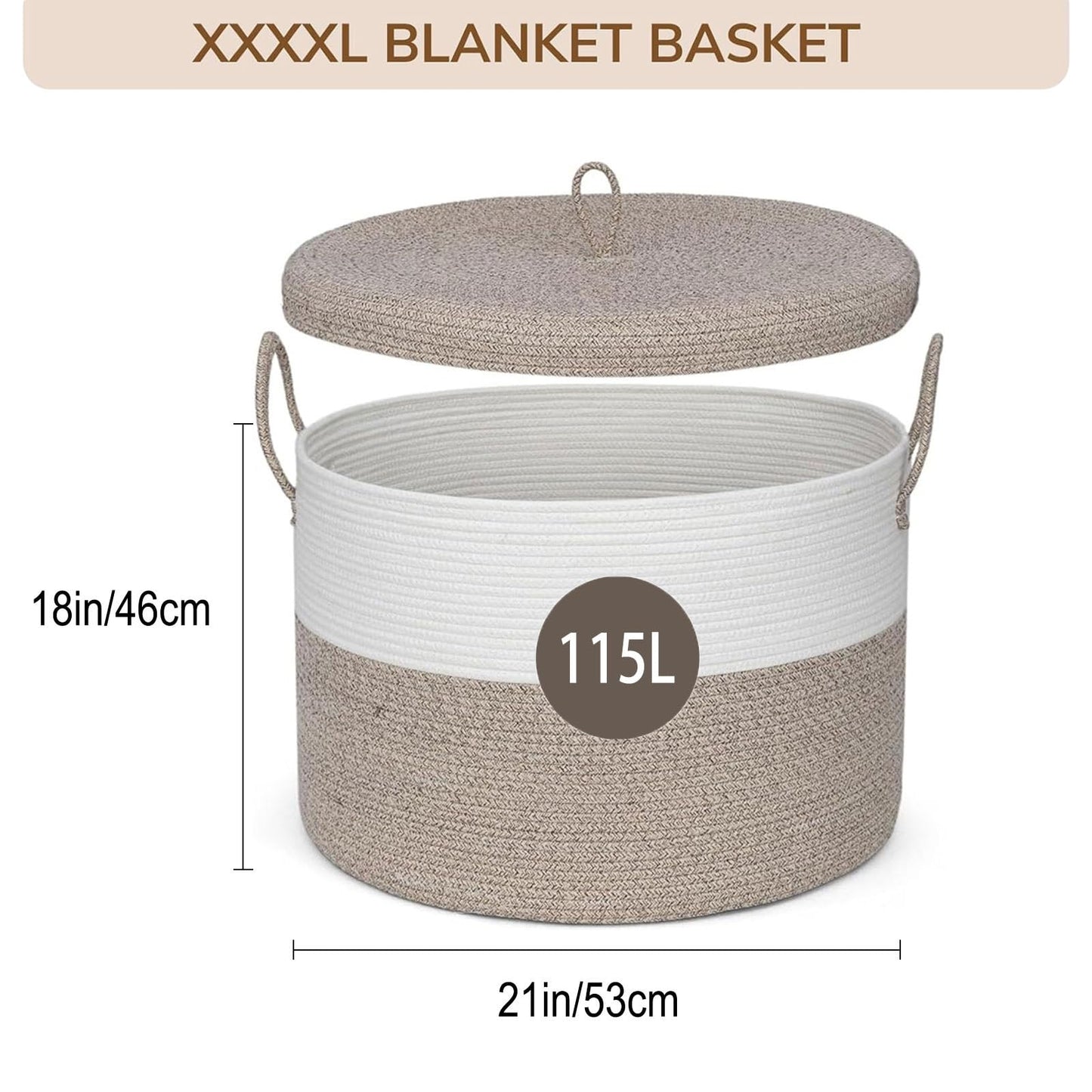 Echueuey 21" x 18" Extra Large storage baskets,Decorative blanket basket with lid for Living room,rope baskets with lid,wicker hamper for bedroom,Big,Round,White & Brown 115L