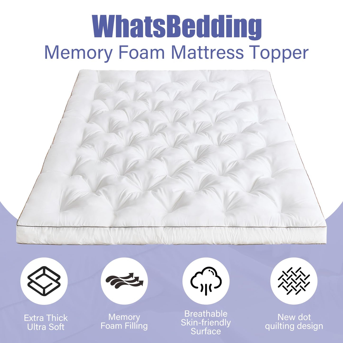WhatsBedding 4 Inch Memory Foam Mattress Topper Twin for Back Pain Relief, Filled with Breathable Gel Memory Foam, Fluffy Comfort Supportive Pillow Top Mattress Topper, 75x39x4in