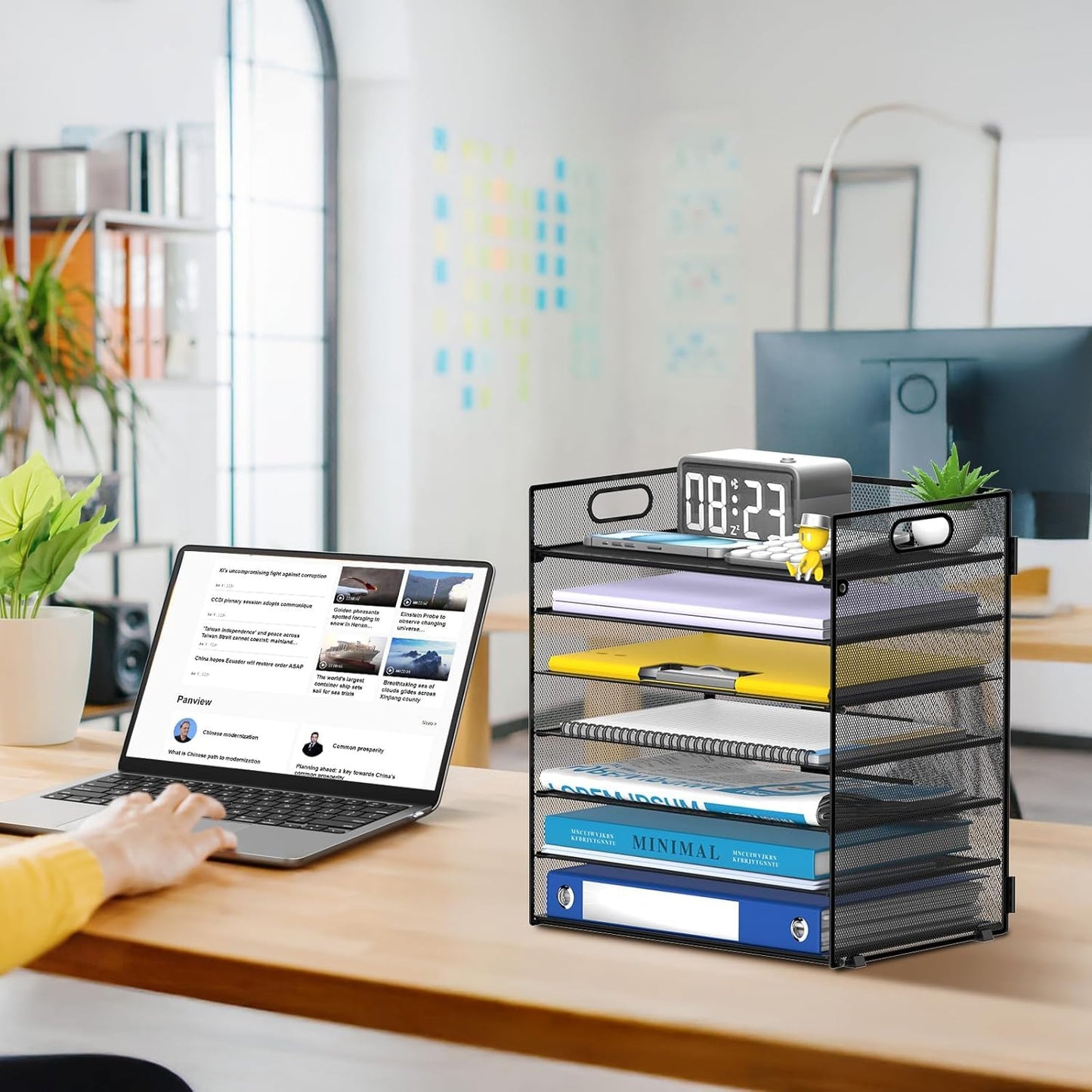 ReePlan 2 Pack 7 Tier Paper Organizer - Mesh Desktop File Holder with Handles for Office School Desk, Black