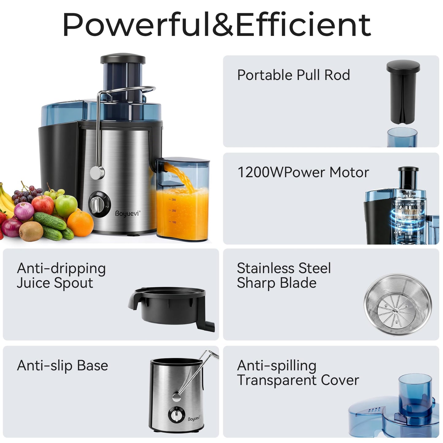 Boyuevi Juicer Machine, 800WCentrifugal Juicer for Whole Fruits and Vegetables,3 Inch Wide Feed Chute, Easy to Clean, Silver