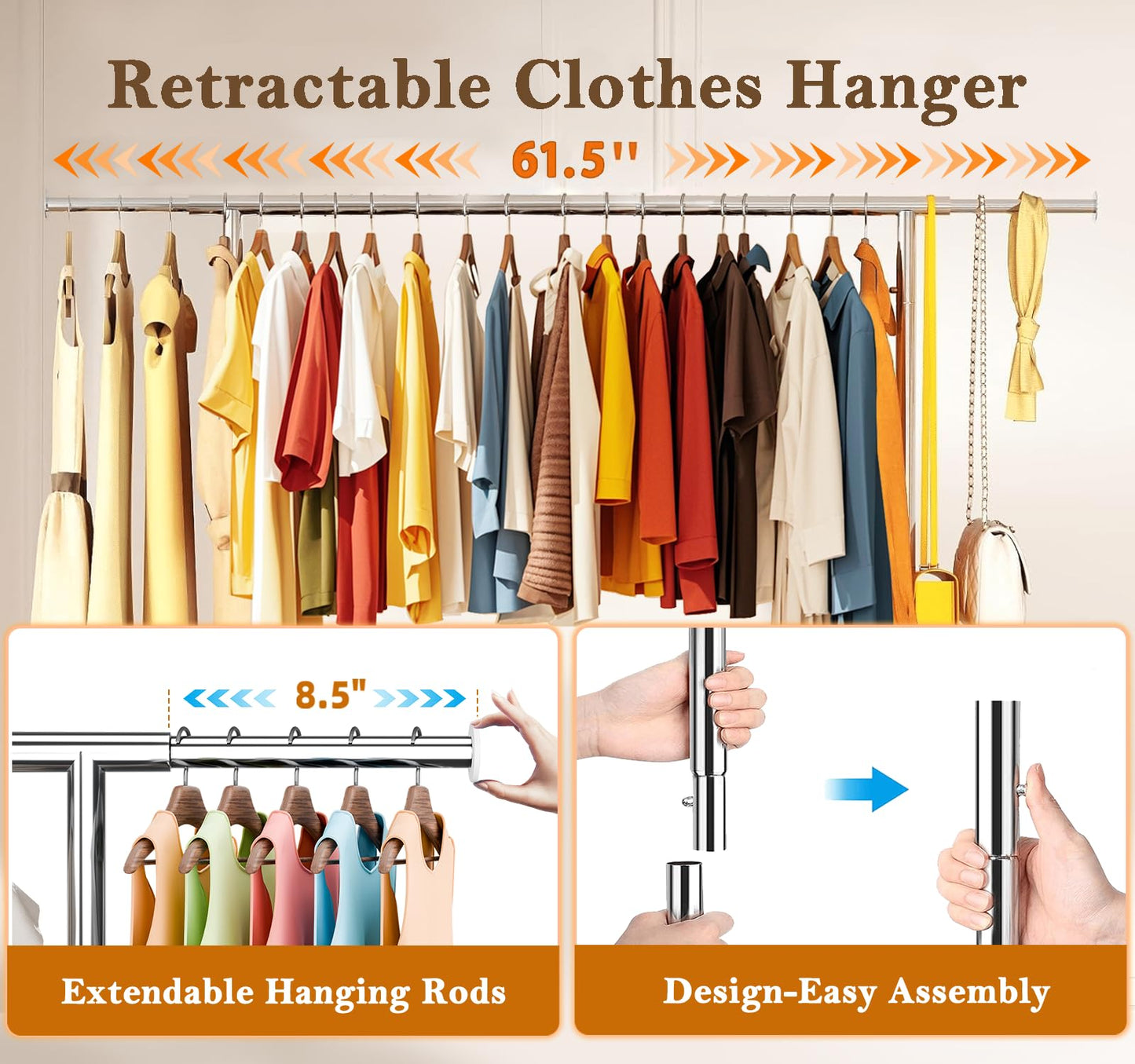 Simple Trending Heavy Duty Clothing Clothes Rack with Wheels for Hanging, Metal Rolling Garment Rack Organizer Load 500 LBS, Chrome
