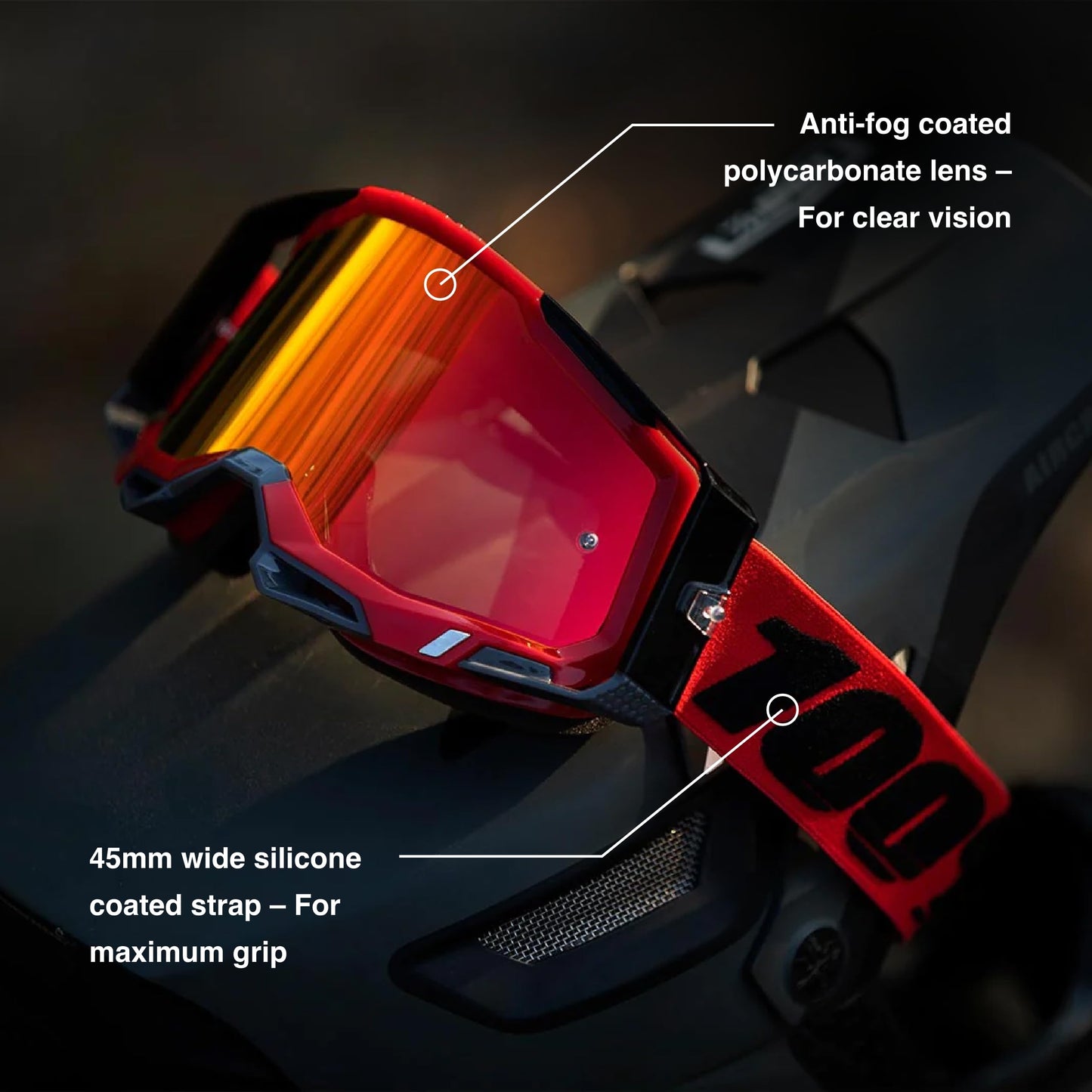100% Accuri 2 Goggles - Eyewear for Motocross & Mountain Biking - Goggles for Dirt Bikes, Motorcycles & Bike Sports - Neon/Orange, Clear Lens
