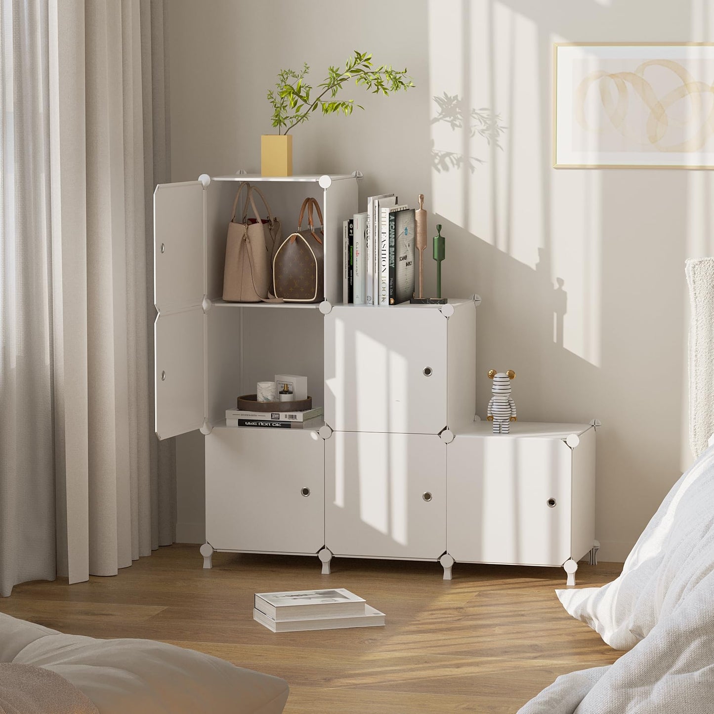 ATTDETJL Cube Storage Organizer, 6-Cube Shelves Unit with Doors, DIY Stackable Plastic Clothes Organizer for Bedroom and Under Stairs Storage Unit, Each Compartment 30 x 30 x 30 cm White