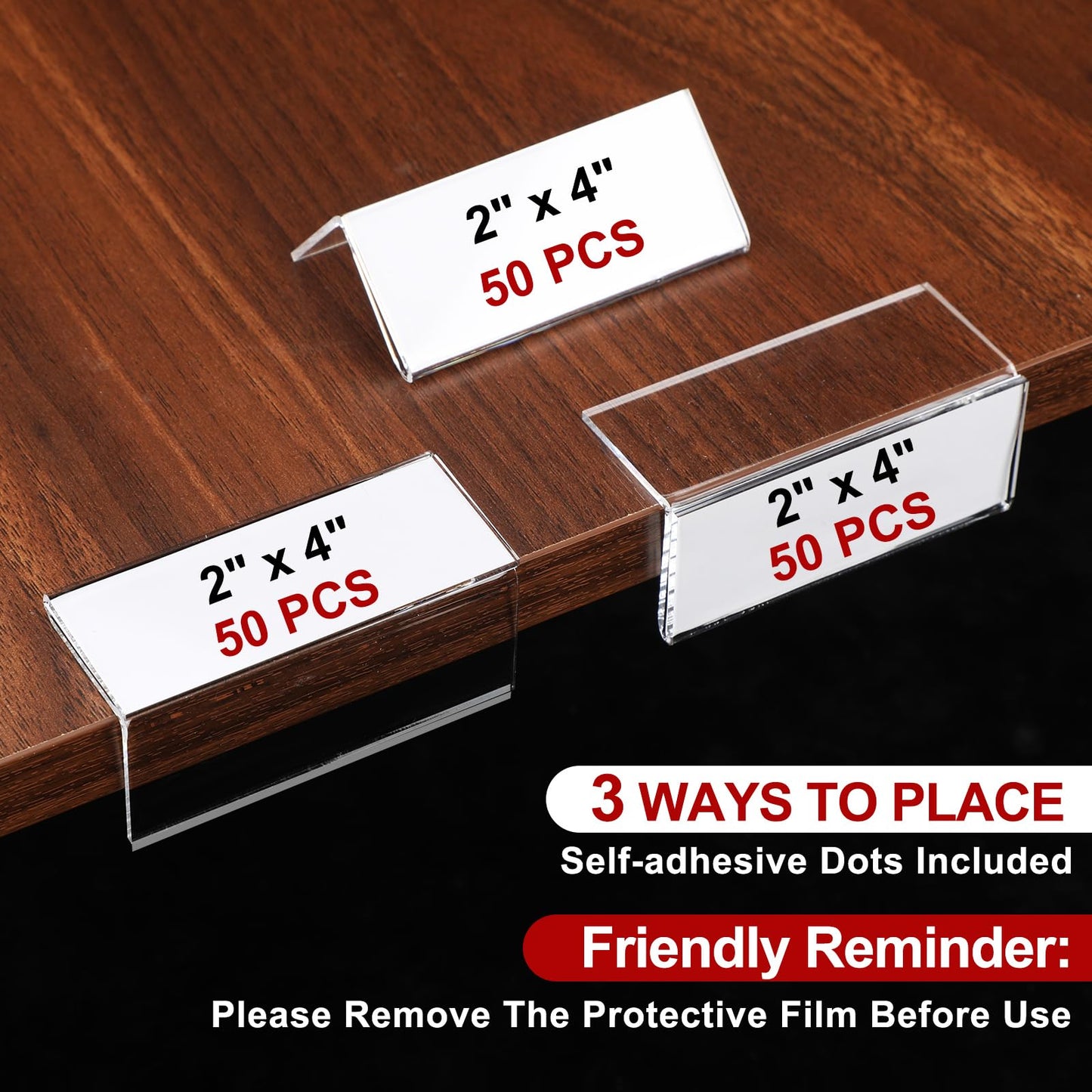 Thyle 50 Pcs Acrylic Rigid Shelf Label Holders for Library Supplies Shelf Labels with Dots Clear Desk Name Plate Store Bakeries Shelves Display Markers (2 x 4 Inch)