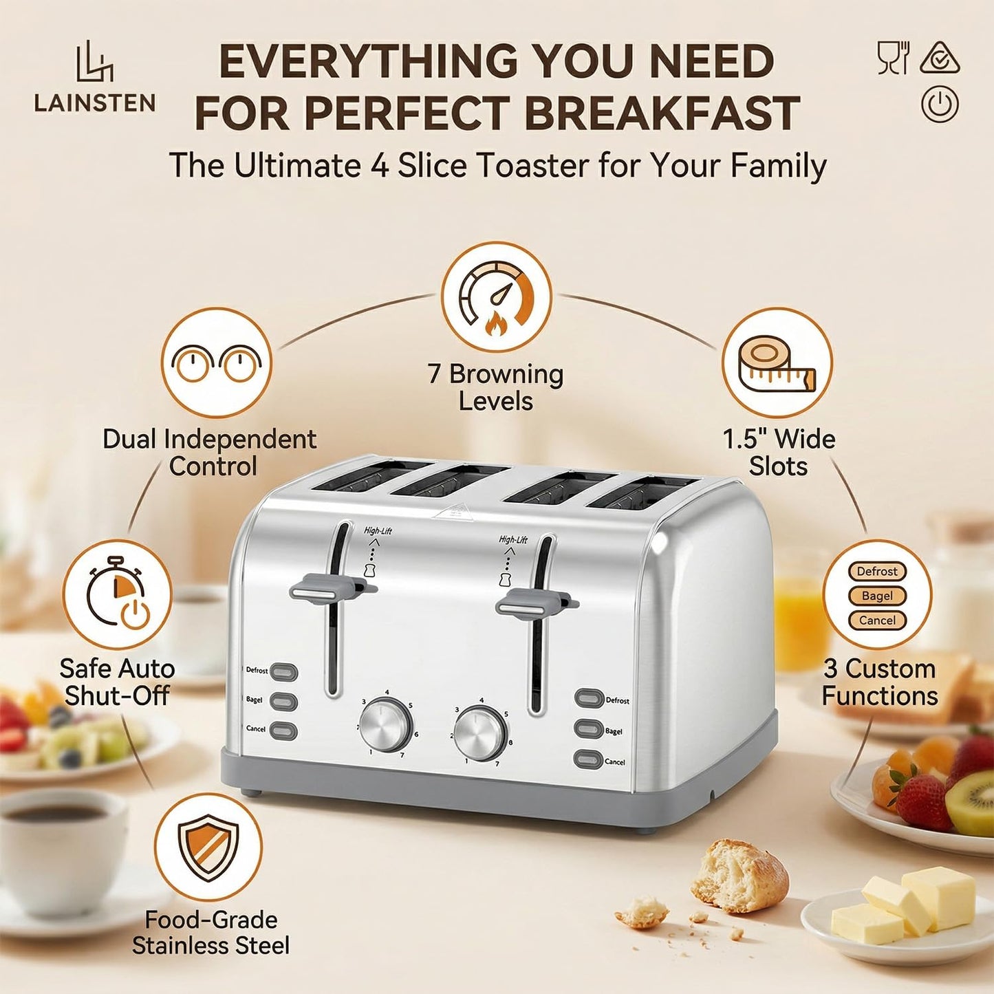 Toaster 4 Slice Retro Stainless Steel,Best Prime 4 Slice Toaster Wide Solt with 7 Shade Settings, Perfect for Waffles, Bagels and More Lainsten T-527