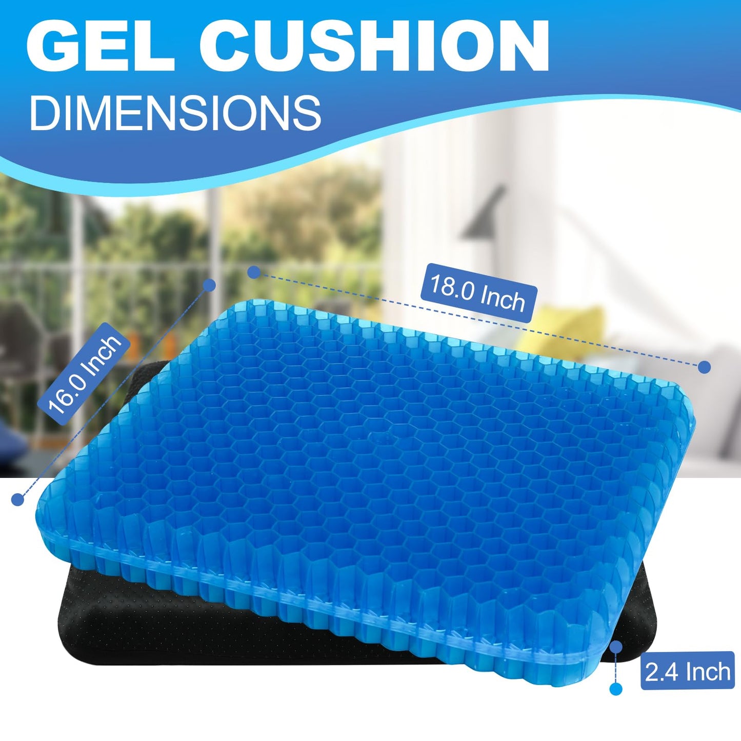 Gel Seat Cushion for Long Sitting - 18" x 16" x 2.4" (Extra Thick＆Soft) Gel Cushion for People Over 200 lbs, Pressure Relief Cushion for Office Chair, Egg Cushions for Wheelchair, Gel Pad for Car
