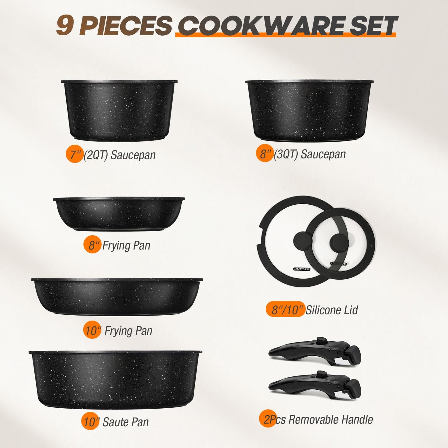 UMETRE pots and Pans Set, Nonstick Cookware Set Detachable Handle, Induction Kitchen Cookware Sets with Removable Handle, Non Stick RV Cookware Set, Dishwasher ＆ Oven Safe (9 PCS)