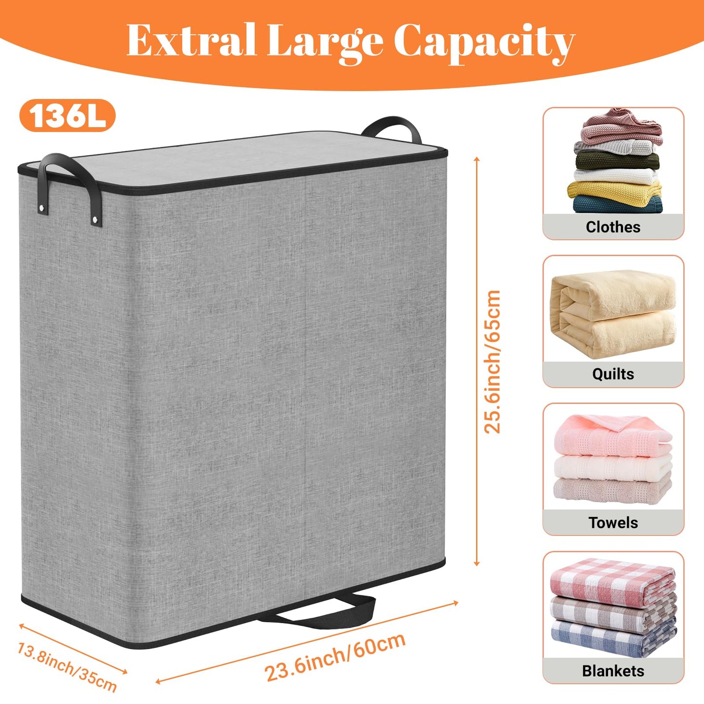 SmartTrends Large Double Laundry Hamper with Lid, Removable Bags & Reinforced Handles, 2 Section Tall Laundry Basket, Dirty Clothes Hampers for Laundry Room, Bedroom, Bathroom, Dorm, 136L, Gray