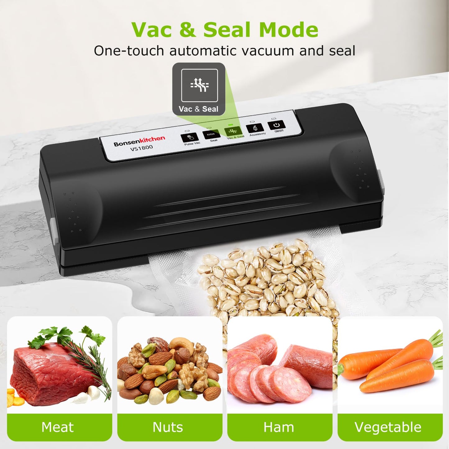 Bonsenkitchen Vacuum Sealer Machine for Food, Multi-Functional Food Sealer, Automatic Operation Mode, Commercial Grade, Compact Design, with 5 Vacuum Bags, Black-Silver