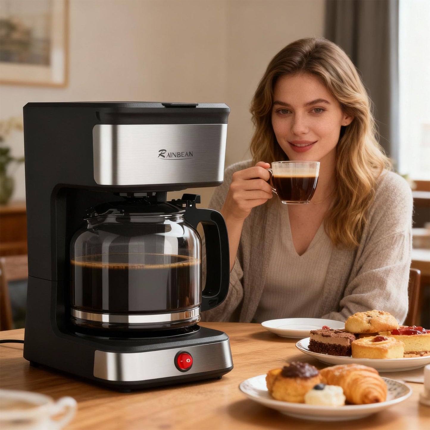 RAINBEAN 12-Cup Drip Coffee Maker,Home/Office Coffee Brewing Machine with Removable Filter,Glass Carafe and Heated Base,Black & Stainless Steel