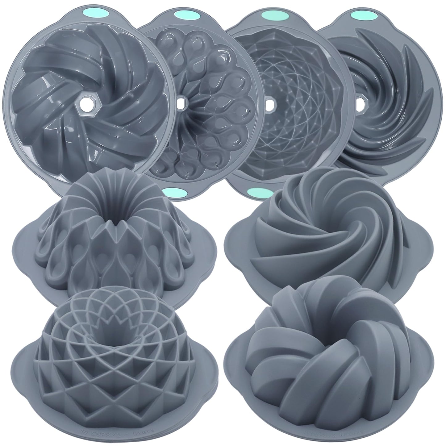Tongjude 4 Pieces Silicone Fluted Cake Pans, 9/10/12 Cups Tube Baking Pan, Silicone Molds for Homemade Cake, Bread and Jello, Non-Stick, Grey