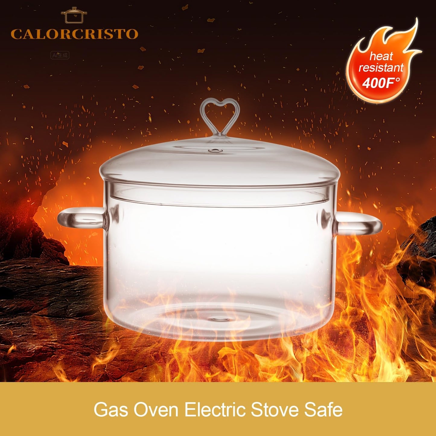 4 L Glass Cooking Pot with Lid, Glass Simmer Pot, Save Energy, Heat Resistant, for Water-based Recipes. Heart Shape Lid, Clear, 4.2QT(4000ml)