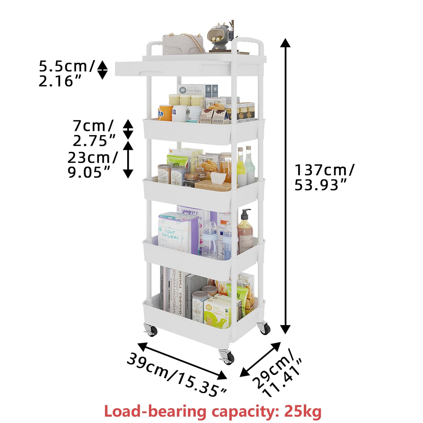 Calmootey 5-Tier Rolling Utility Cart with Drawer,Multifunctional Storage Organizer with Plastic Shelf & Metal Wheels,Storage Cart for Kitchen,Bathroom,Living Room,Office,White