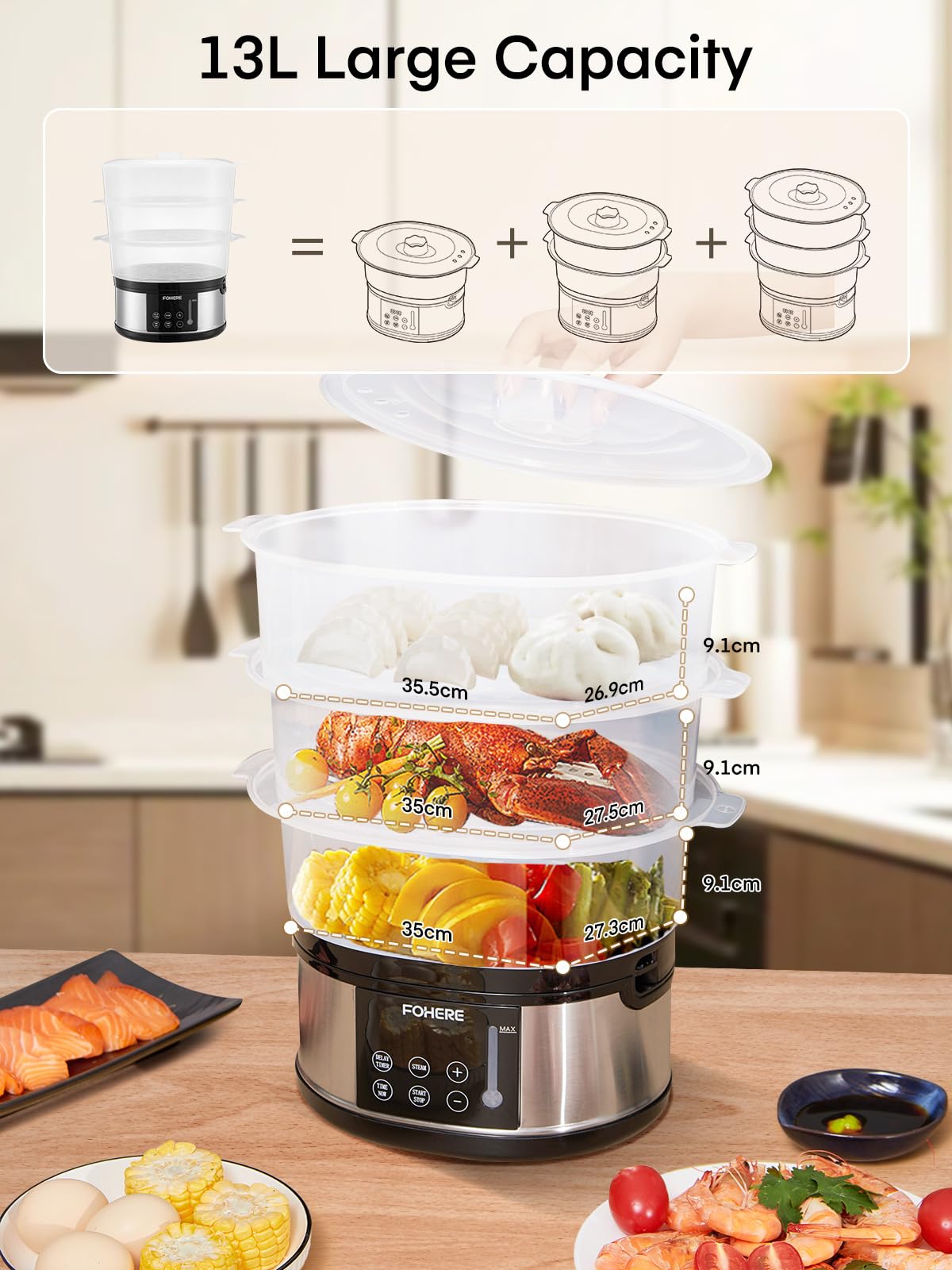 FOHERE Food Steamer for Cooking,13.7QT Vegetable Steamer with Stackable 3 Tiers BPA-Free Baskets,800W Electric Steamer Pot 60-Minute Timer, 24H Delay Start Timer for Veggies Seafood Rice
