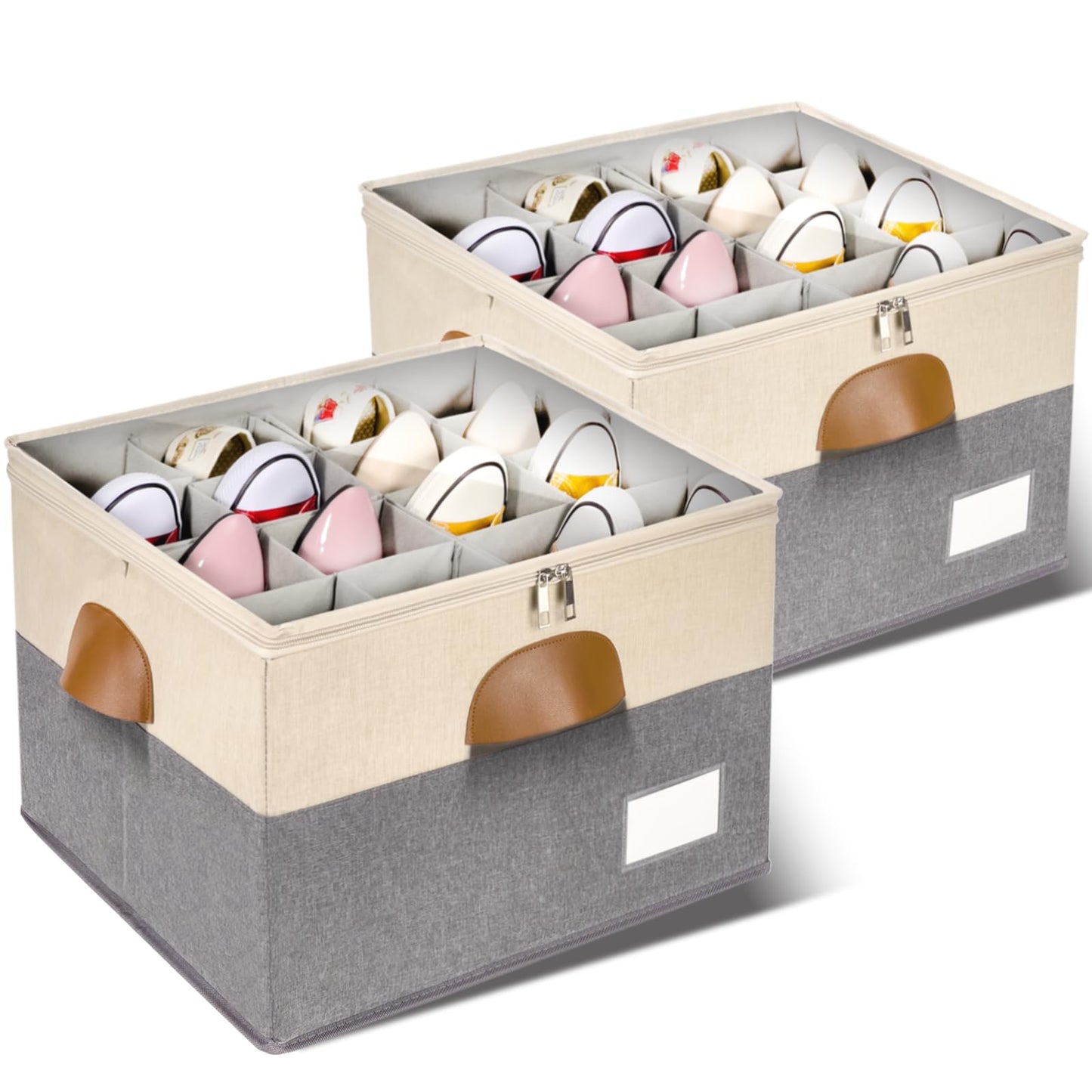 JHHBHV 2 Pack Shoe Organizer for Closet, Adjustable Shoe Box Storage Containers, Large Foldable Shoe Bins with Clear Cover, Space Saving Shoes Holder with 4 Handles, Fits 16-32 Pairs, Beige