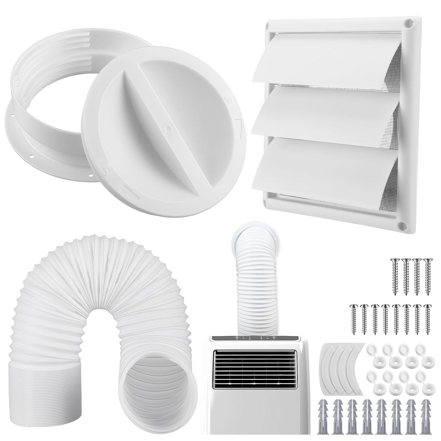 Maasechs Portable Ac Exhaust Hose Vent Wall Mount Connector Kit with 59 Inches Hose and 6 inches Louvered Vent Cover Ac Exhaust Tube Coupler for 6 in and 6.5 in Tube (Classic Style)