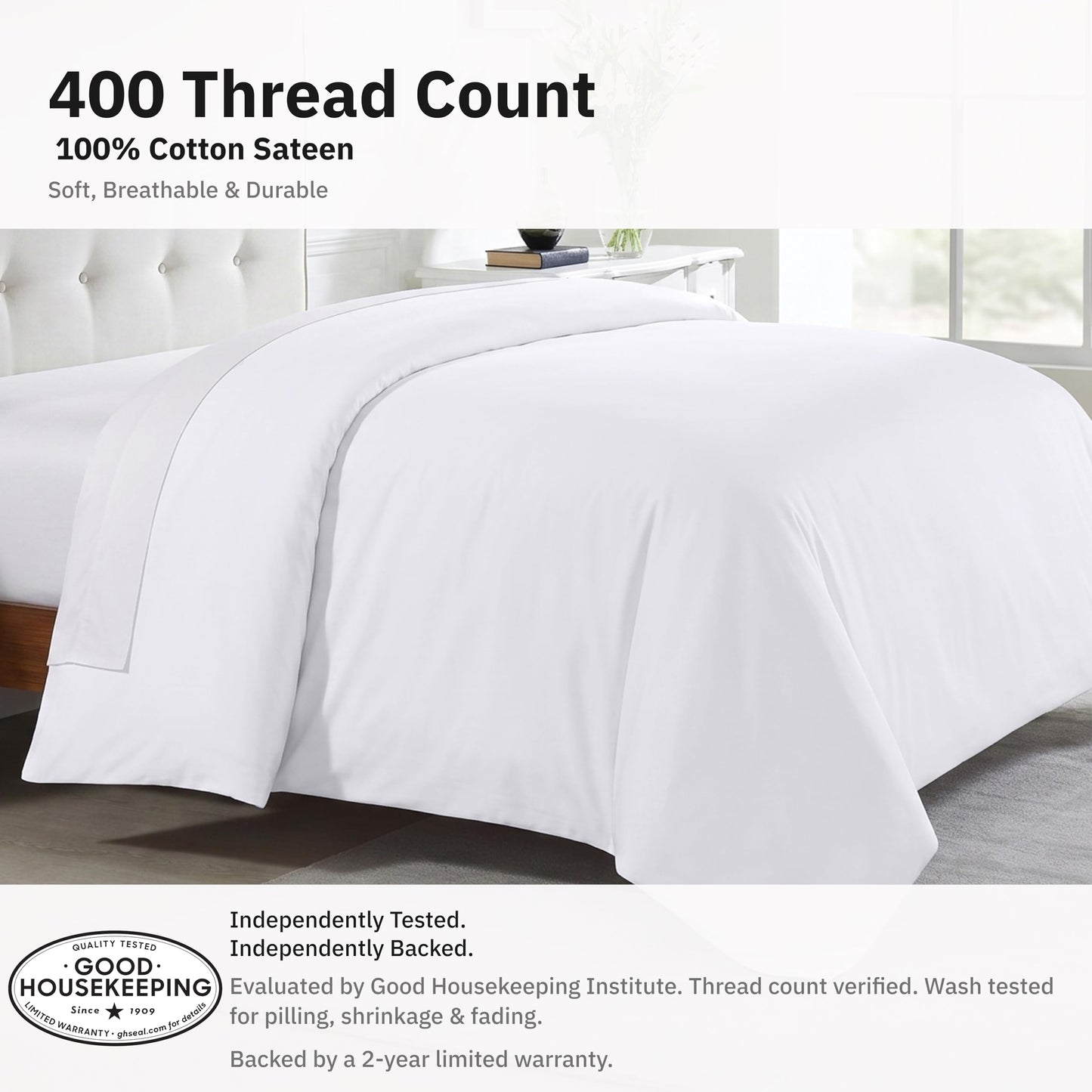 California Design Den Twin XL/Twin Duvet Cover Only - Winner Good Housekeeping Best Bedding Awards 2025, Premium 400 Thread Count Sateen, 100% Cotton Duvet Cover, Button Closure & Corner Ties - White
