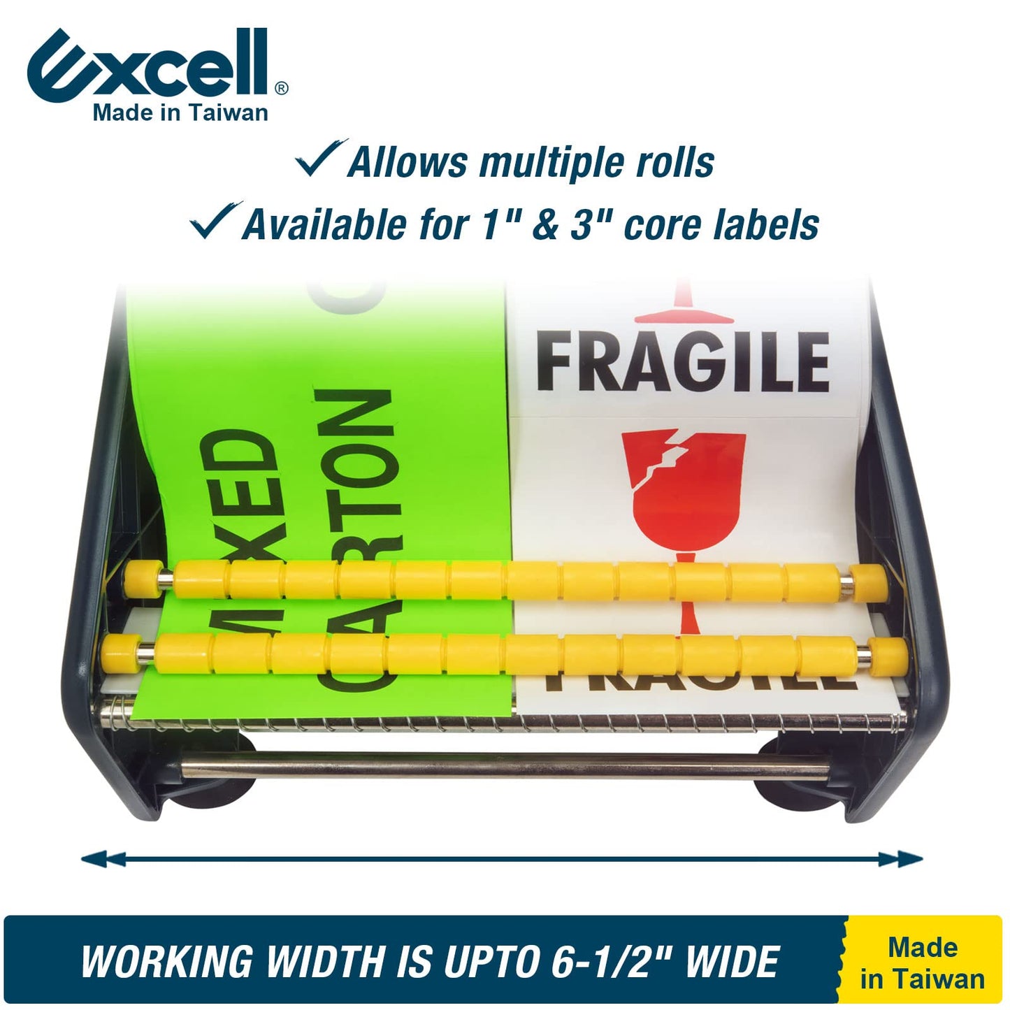 Excell LD-619 Economy Lightweight Table Label Dispenser (6.5 Inch Wide) Adjustable Sticker Roll Holder Dispenser for Home, Office, Retailer Stores and Warehouses Shipping Supplies (6.5 Inch)