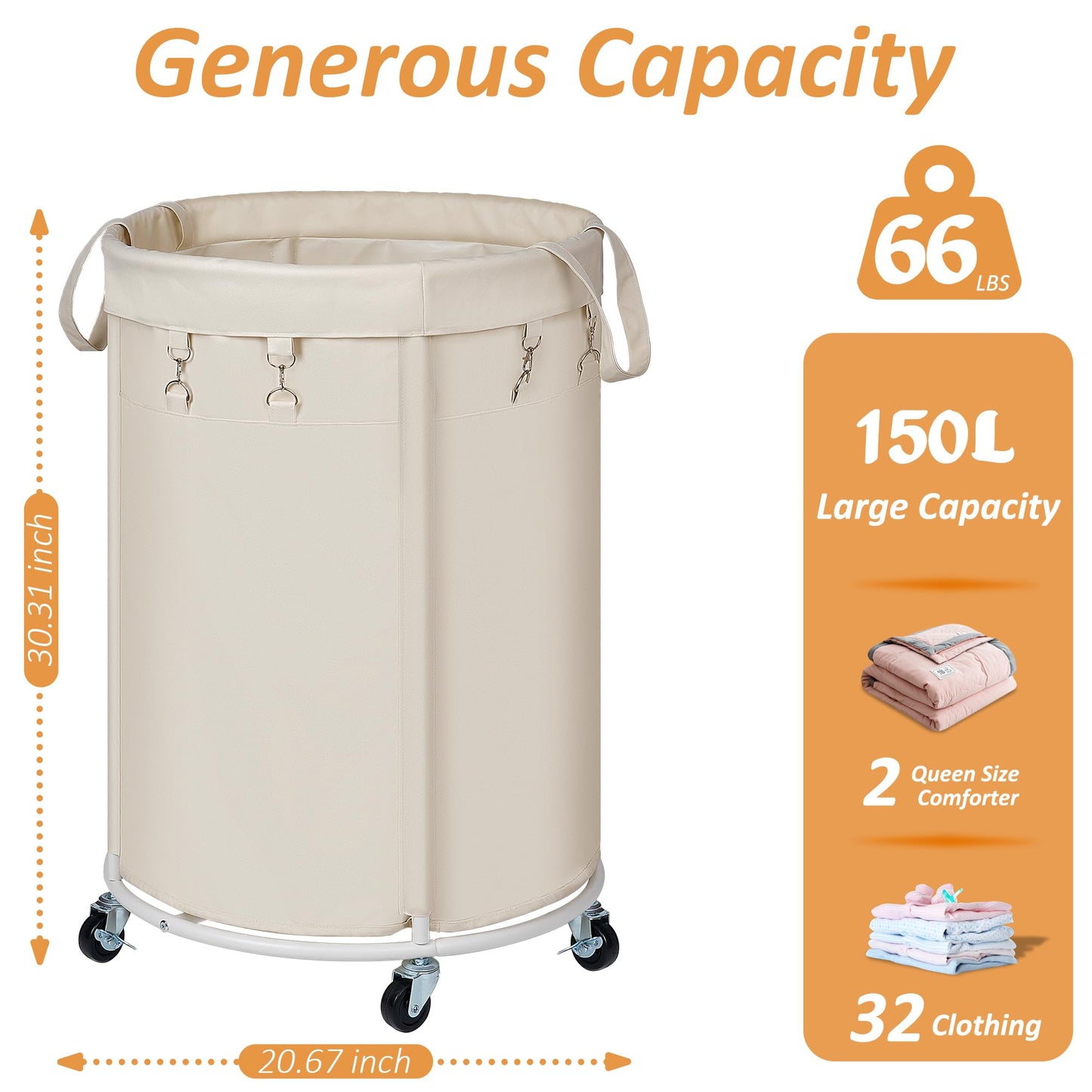 Nyamofly 150L Large Capacity Rolling Laundry Basket Hamper with Wheels, Clothes hamper and Removable Bag for Home, Laundry Room, Bedroom, Bathroom, Apartment, Dorm