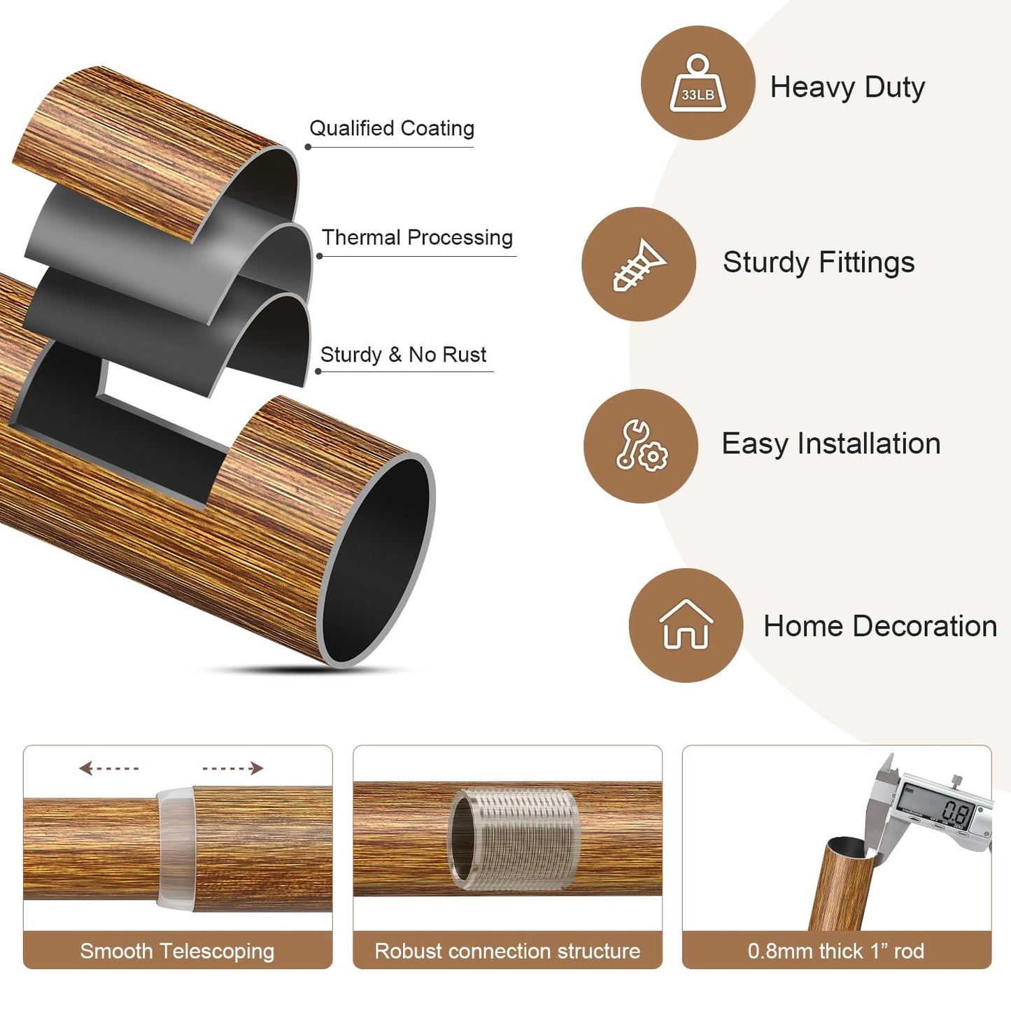 Lootkell Wood Curtain Rods for Windows 66 to 120 Inches 1" Diameter Boho Decorative Heavy Duty Long Window Curtain Rod Adjustable with Handmade Wood Grain Design for Living Room Bedroom Kitchen
