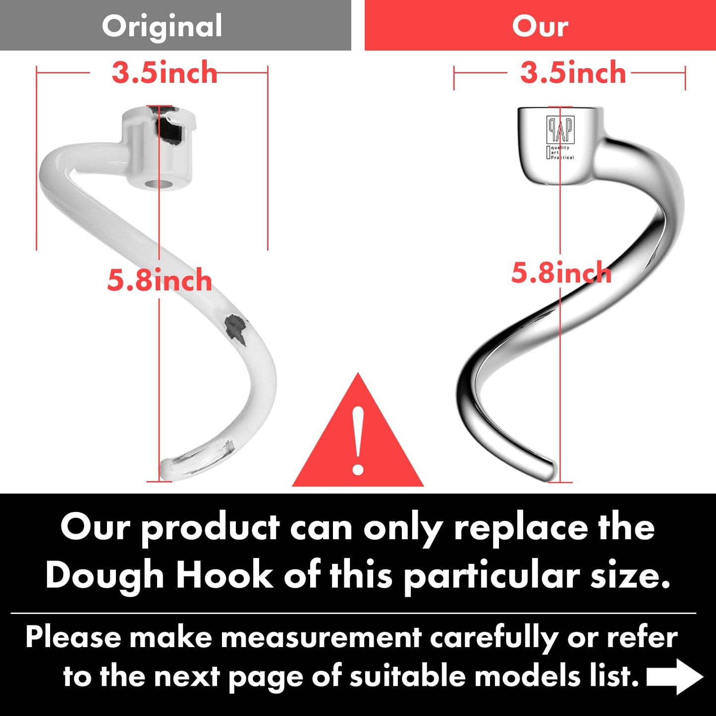 Stainless Steel Spiral Dough Hook Replacement for KitchenAid 4.5QT & 5QT Bowl Tilt-Head Stand Mixers, Rust-resistant & Easy Clean, Efficient Kneading for Bread, Pizza, Pasta, Cookies