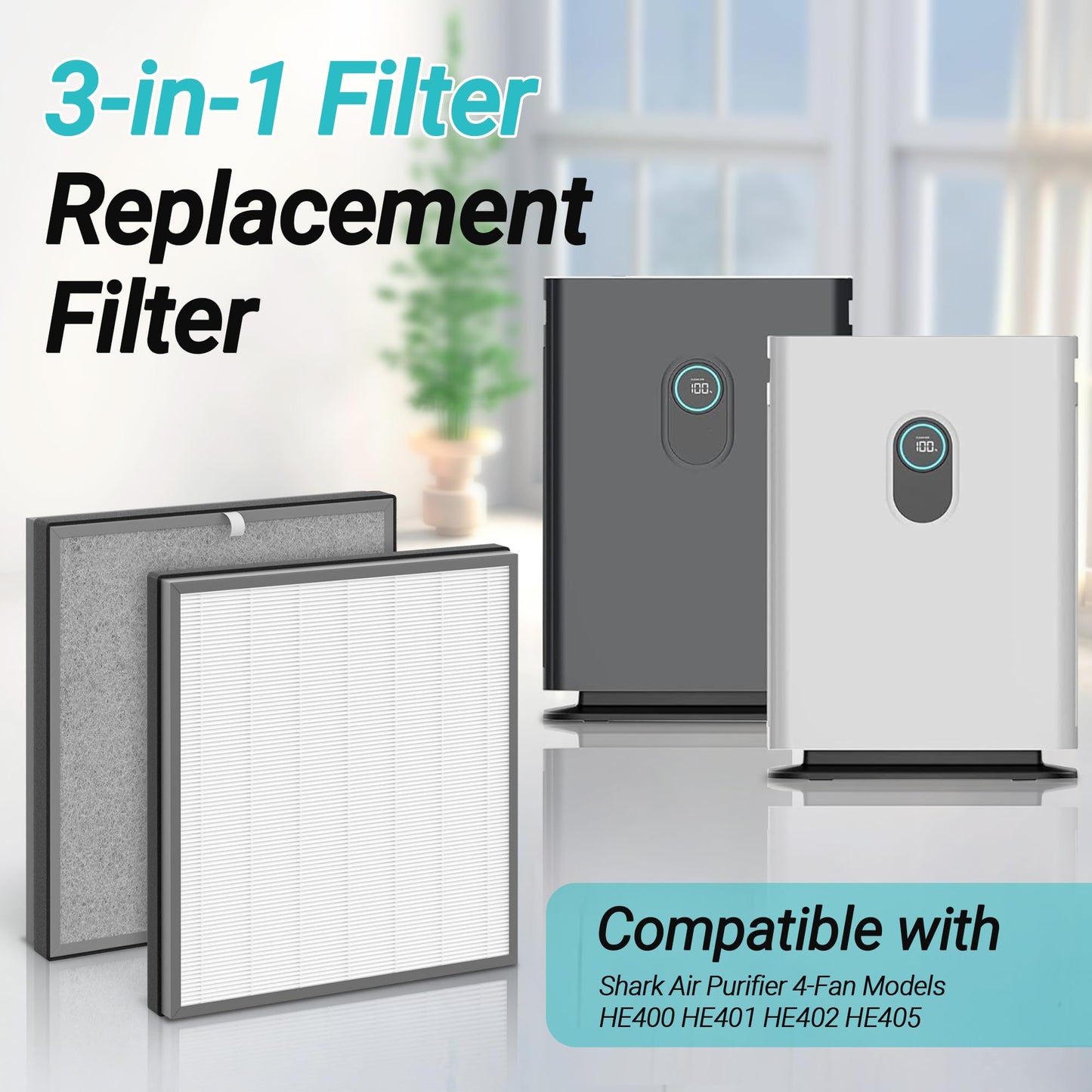 FCFMY 1 Pack HE400 Replacement Filter Compatible with Shark HE400 HE401 HE402 HE405 4 Fan Model Air Cleaner Purifier,3-in-1 Filter of Pre-filter,Carbon and HEPA Filter