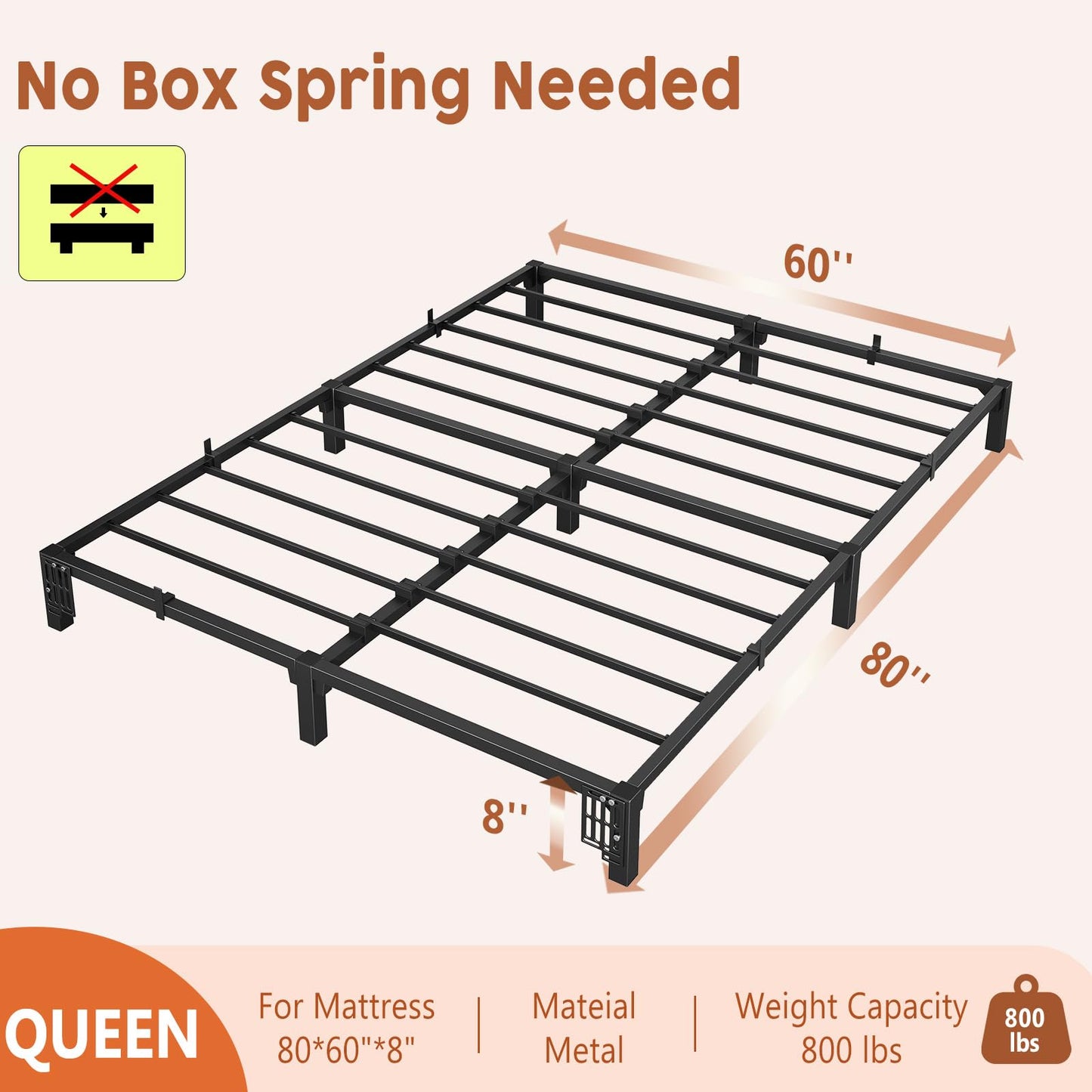 ActiveTrail Metal Bed Frame Queen Size 8 inch Platform Bed Frame, Strong Steel Slats, Bedroom Bed Base for Apartment and Home Use