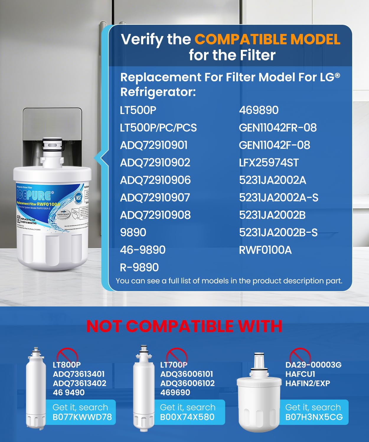 ICEPURE 5231JA2002A Refrigerator Water Filter,Compatible with LG LT500P, GEN11042FR-08, ADQ72910901, ADQ72910907, LFX25974ST, LFX25973S, Kenmore 9890, 469890 4PACK