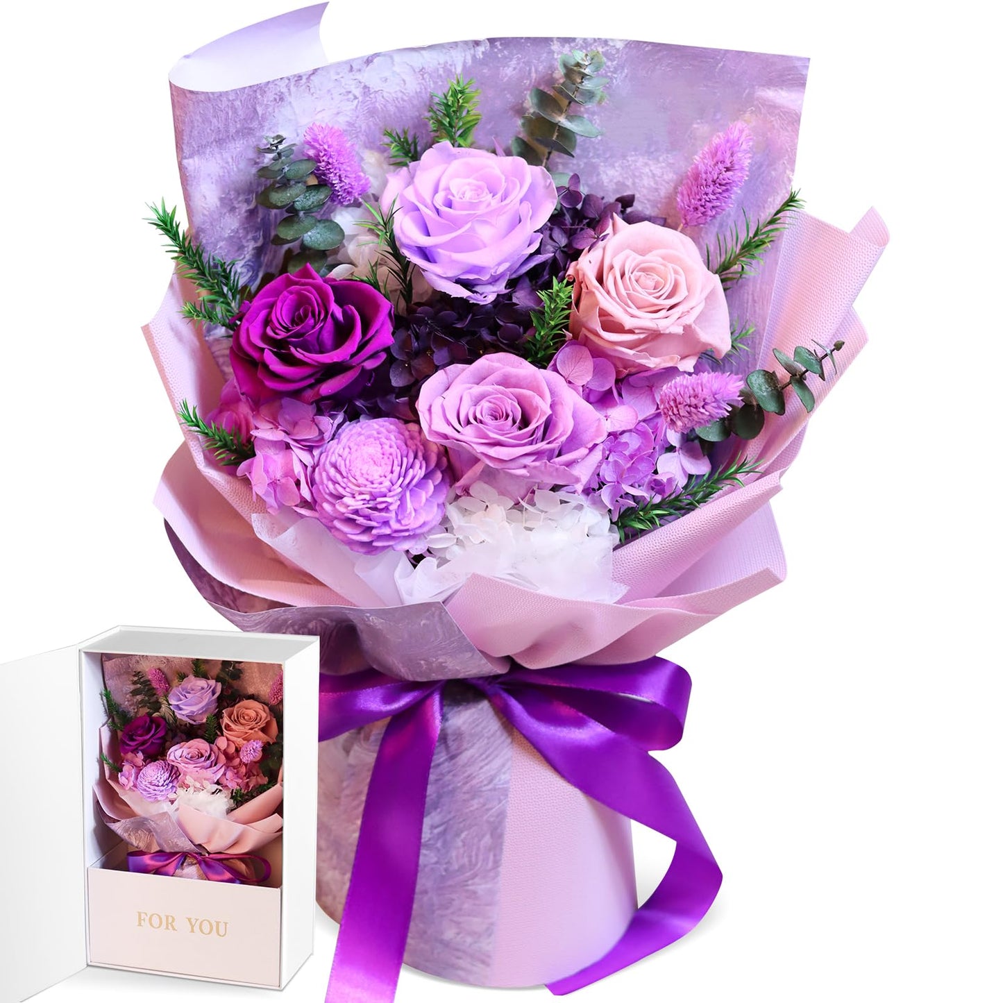 Oerdoh Flowers for Delivery Prime, Preserved Flowers, 5 Forever Purple Roses, Long-Lasting Flower Bouquet with Gift Box, Happy Birthday Flowers Gifts for Women Mom Grandma Wife Friends