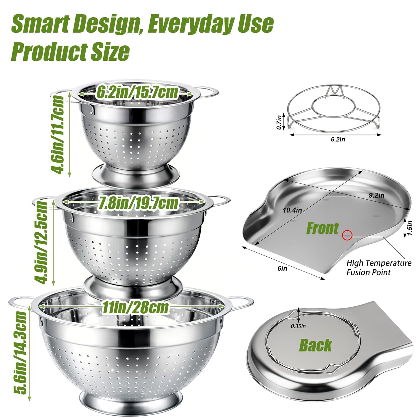 Palksky Stainless Steel Colander Set with Handles & Self-Draining Base, 3 Sizes (7”, 9”, 11”), Heavy Duty Pasta Strainer, Rice & Vegetable Strainer, Countertop Draining System