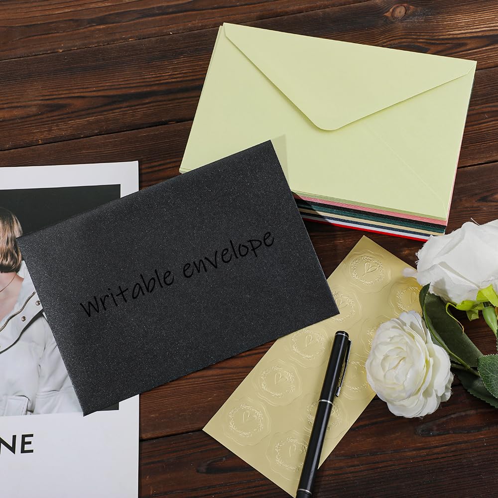 UoeRing Bulk 5x7 Self-Sealing Black Envelopes 250 Pack - A7 (5.31×7.67in) Premium 120g Pearl Glitter Paper - Printable & Writable for Wedding, Party Invitations - Includes Gold Sealing Stickers