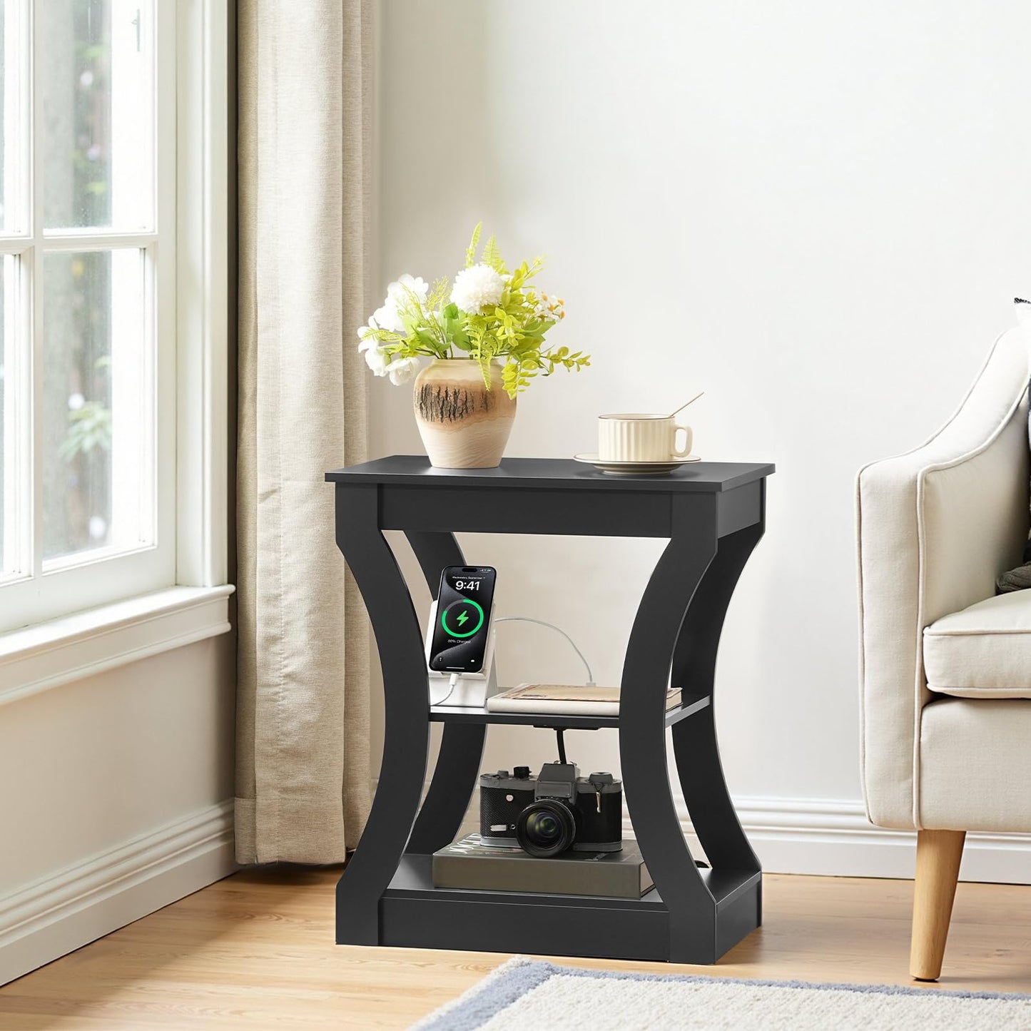 MAHANCRIS End Tables Living Room, Black End Table with Charging Station, Nightstand for Bedroom, 3 Tier Side Table with Storage Shelf for Living Room, Modern Bedside Table, Small Space, ETBK53E01