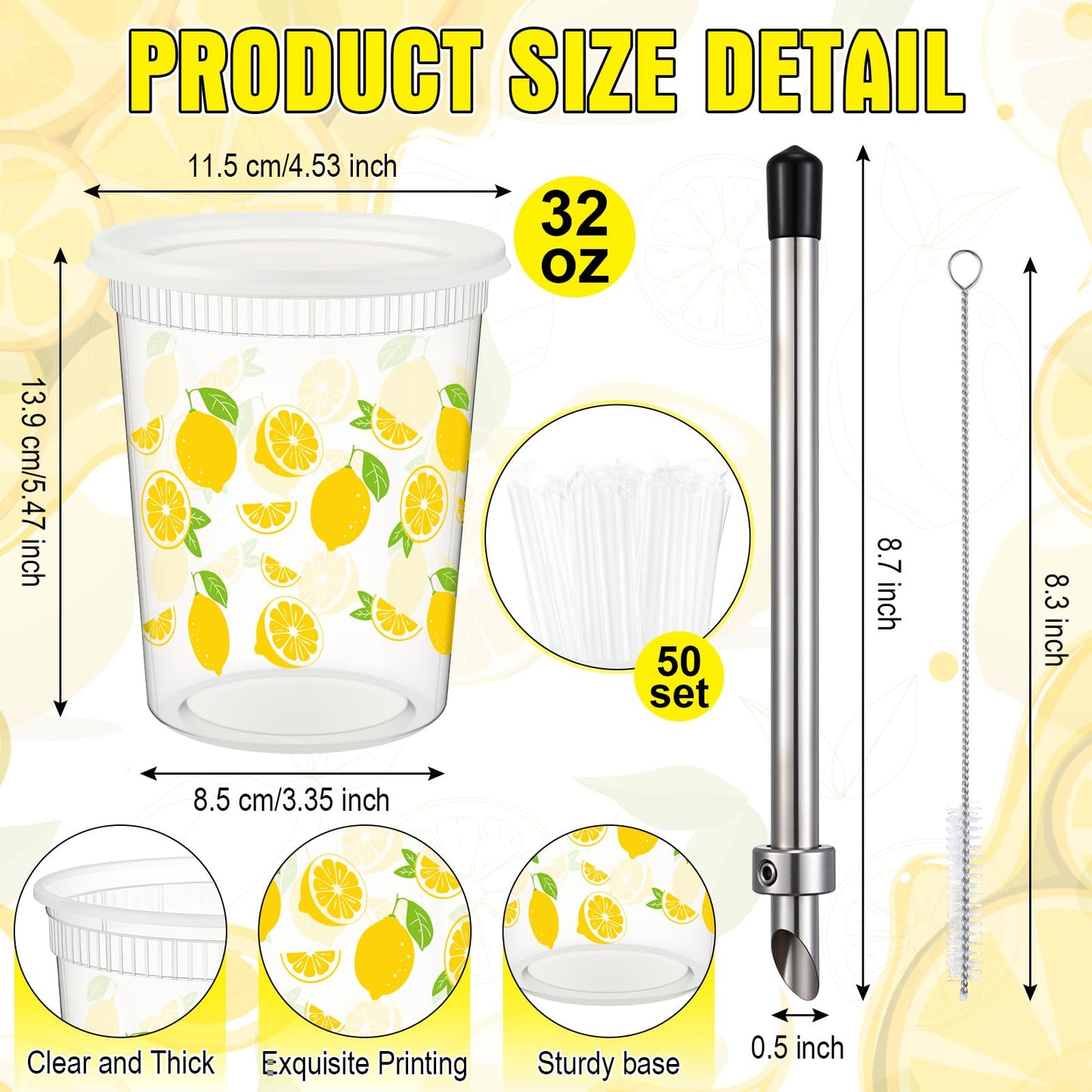 FillTouch 50 Set Lemonade Cups with Lids Straws Plastic Drink Buckets Include Plastic Cups Stainless Steel Straw Hole Puncher Beverage Cafe Drinking Lemonade Stand Supplies(32 oz)