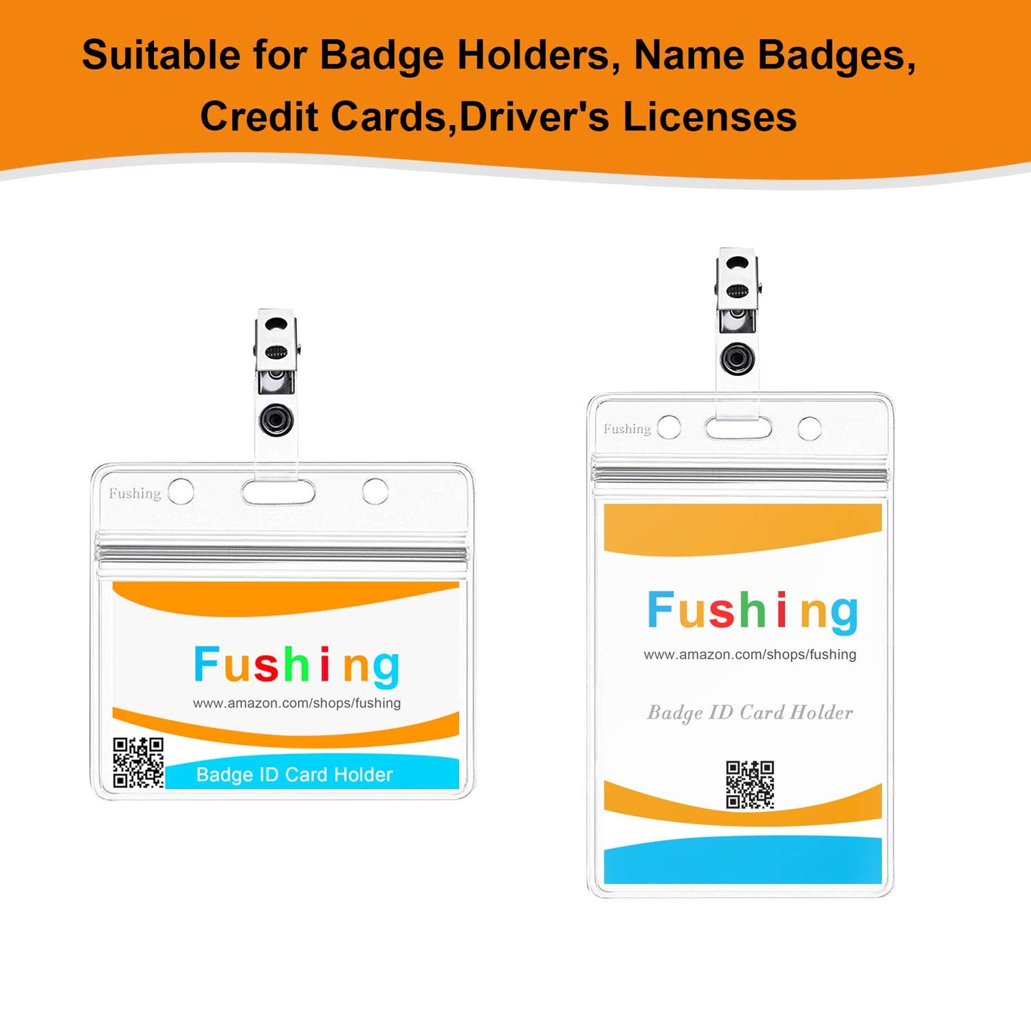 Fushing 300Pcs Metal Badge Clips with Clear PVC Straps for ID Cards and Badge Holders