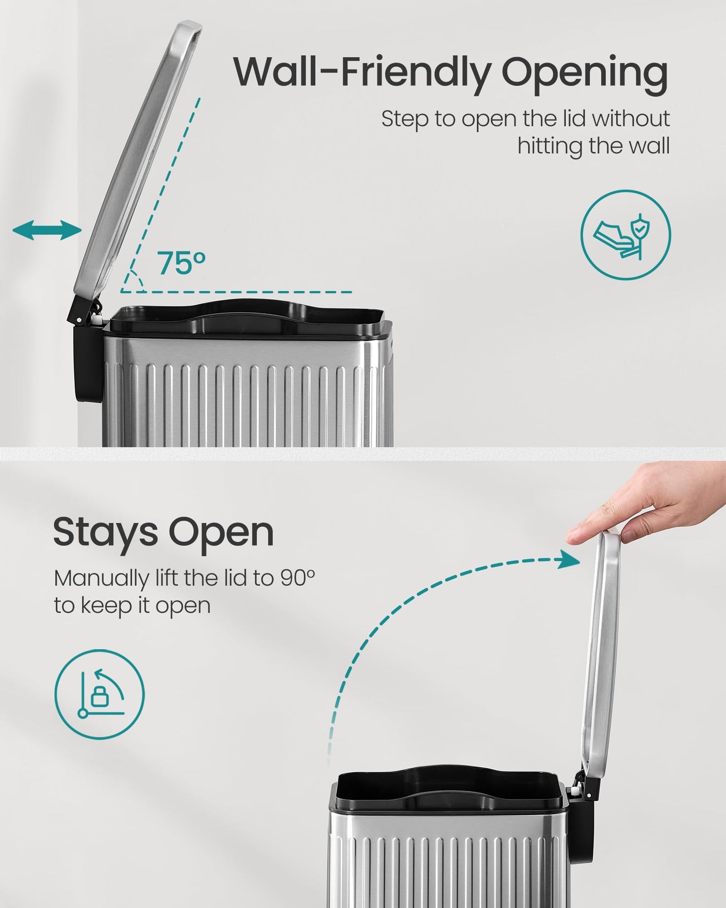SONGMICS Bathroom Trash Can, 1.6-Gallon (6 L) Trash Bin with Lid, Slim for Small Spaces, Stainless Steel Garbage Can, Soft Close, Silver ULTB563E01