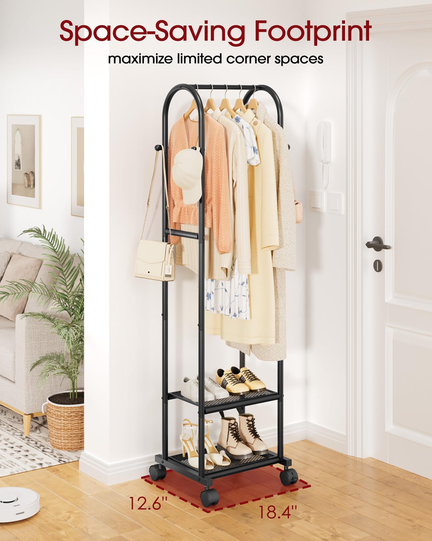 Sakugi Heavy Duty Premium Clothes Rack with 2-Tier Mesh Shoe Shelves & 4 Hooks, Lockable Wheels, Space-Saving, Multi-Functional for Bedroom, Entryway, Closet, Modern Design, 18.4" x 12.6" x 72", Black